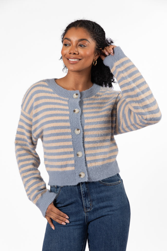 Stylish Slate Grey Striped Button Front Cardigan for Women - Cozy Knit Sweater Perfect for Fall & Winter Layering - Office, Casual & Date Night Outfits