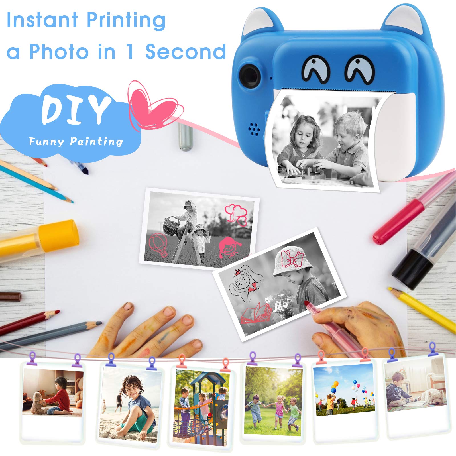 TOYOGO Instant Print Camera for Kids - Upgraded Digital Selfie Camera with 3 Rolls Print Paper, 1000mAh Battery, Dual Lens & 1080P HD Video - Perfect Birthday Gift for Boys & Girls | Fun for Parties, Travel & Family Memories (Blue)