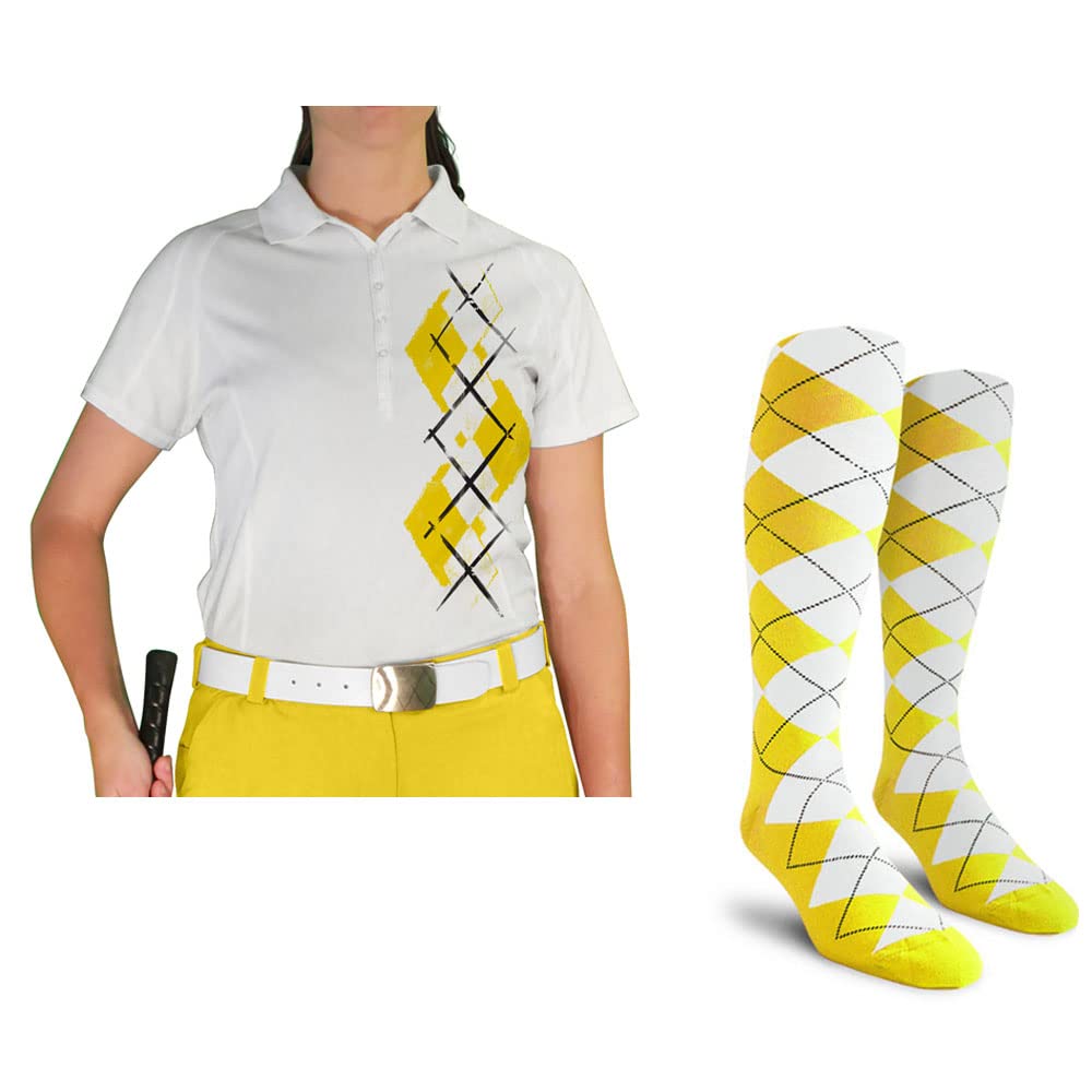 Dry Fit Short Sleeve Graphic Golf Polo Shirt with Socks for Women - Breathable Moisture Wicking Performance Top & Comfortable Socks Set - Perfect for Golf, Tennis, Casual Wear & Outdoor Activities | Argyle Paradise (A-Z)