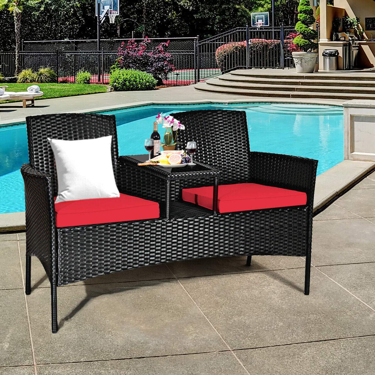 Relax4Life Outdoor Rattan Wicker Conversation Set with Coffee Table & 2 Removable Cushion Chairs - Patio, Garden, Balcony, Lawn Furniture for Porch, Backyard & Poolside (Black & Red)