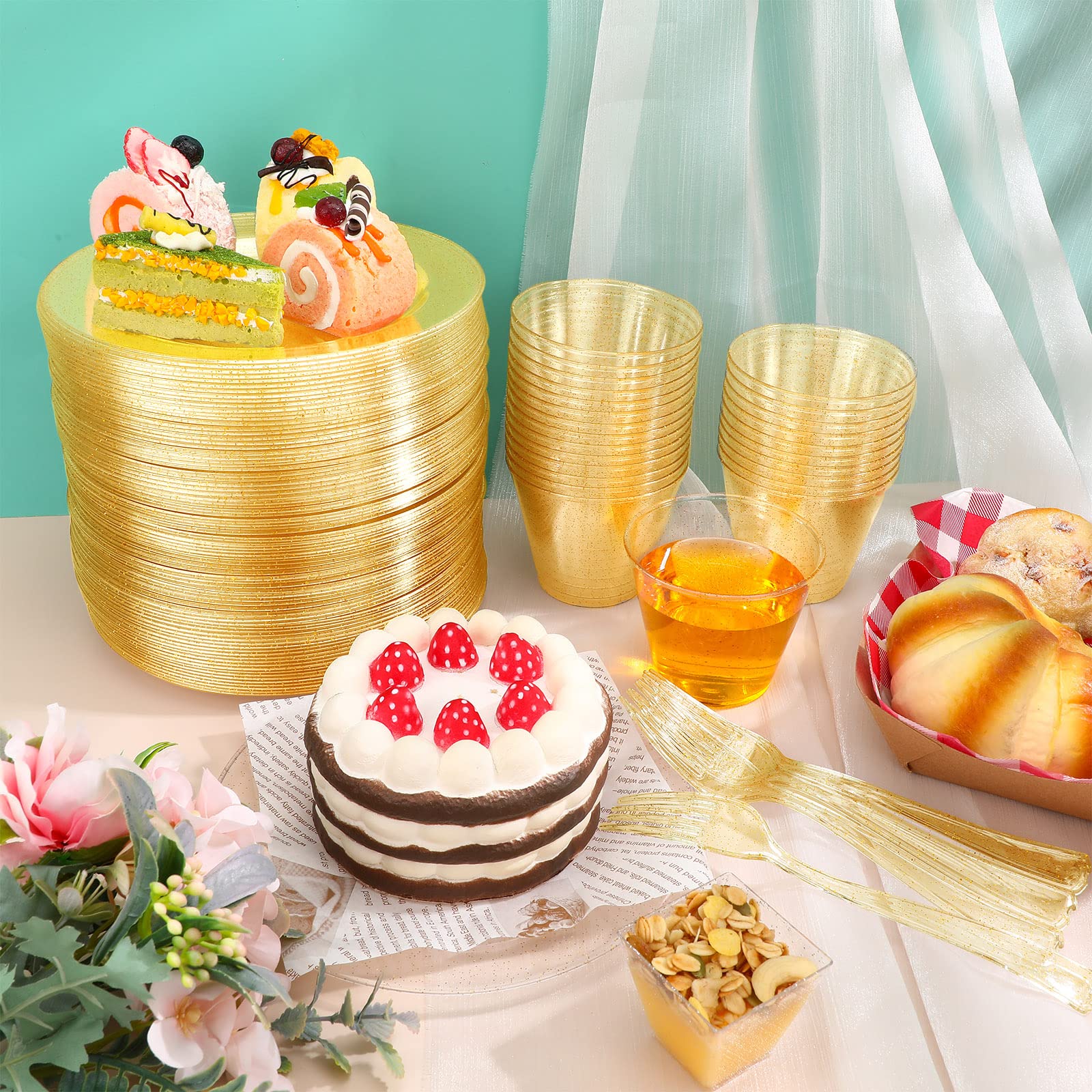 300-Piece Gold Glitter Plastic Disposable Dinnerware Set - 100 Plates (7.5