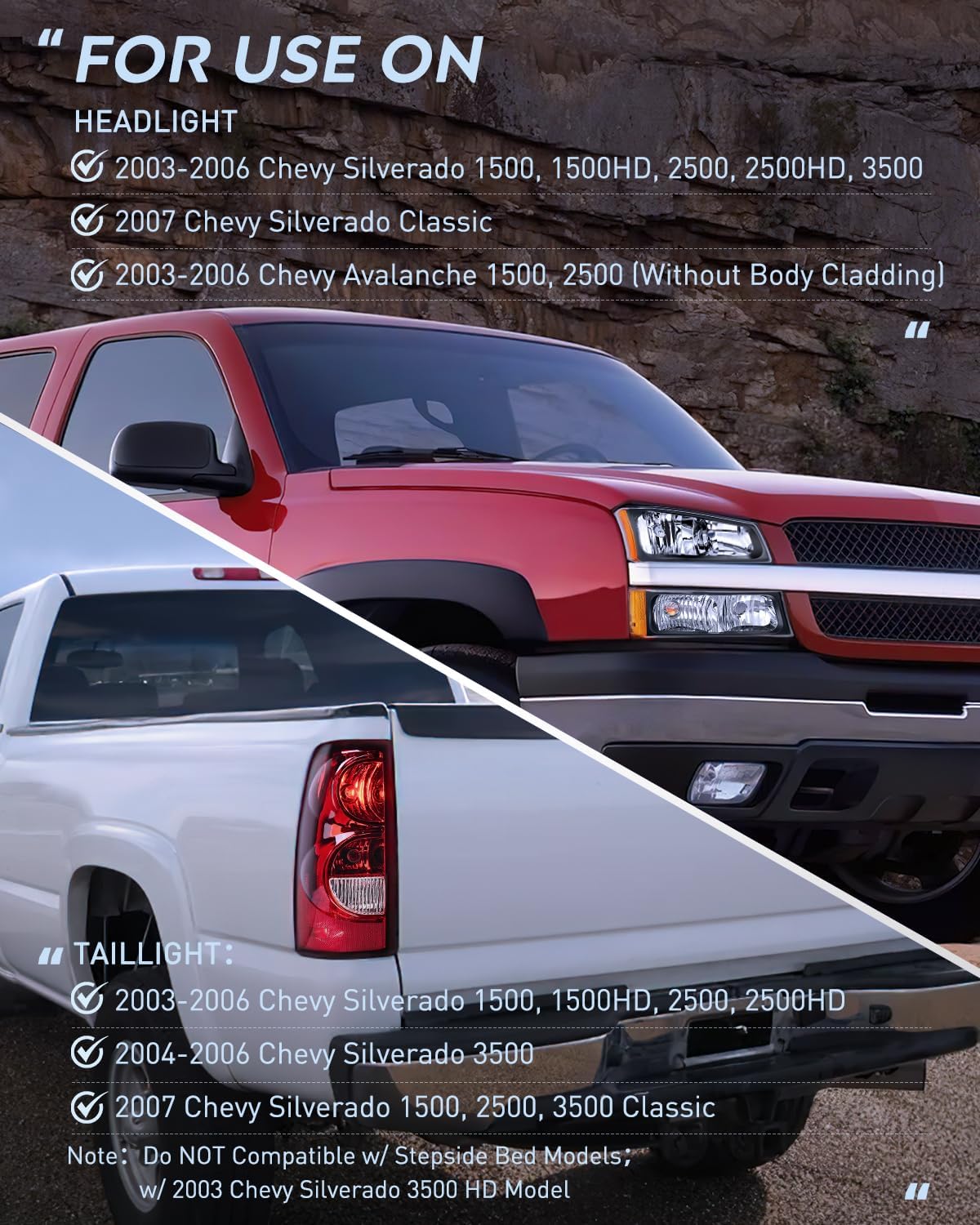 2003-2007 Chevy Silverado 1500/1500HD/2500/2500HD/3500 Black Housing Amber Reflector Headlight & Taillight Assembly - OE Style Replacement for Improved Night Visibility & Safety