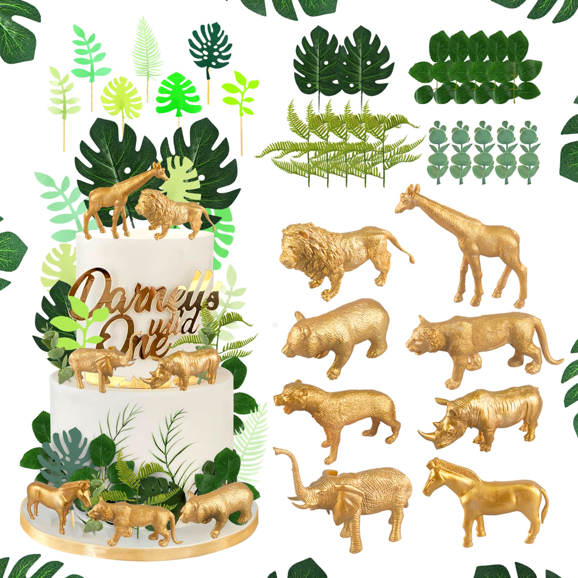 32 PCS Gold Safari Cake Toppers for Jungle Theme Party Decor - Birthday, Baby Shower, Wedding