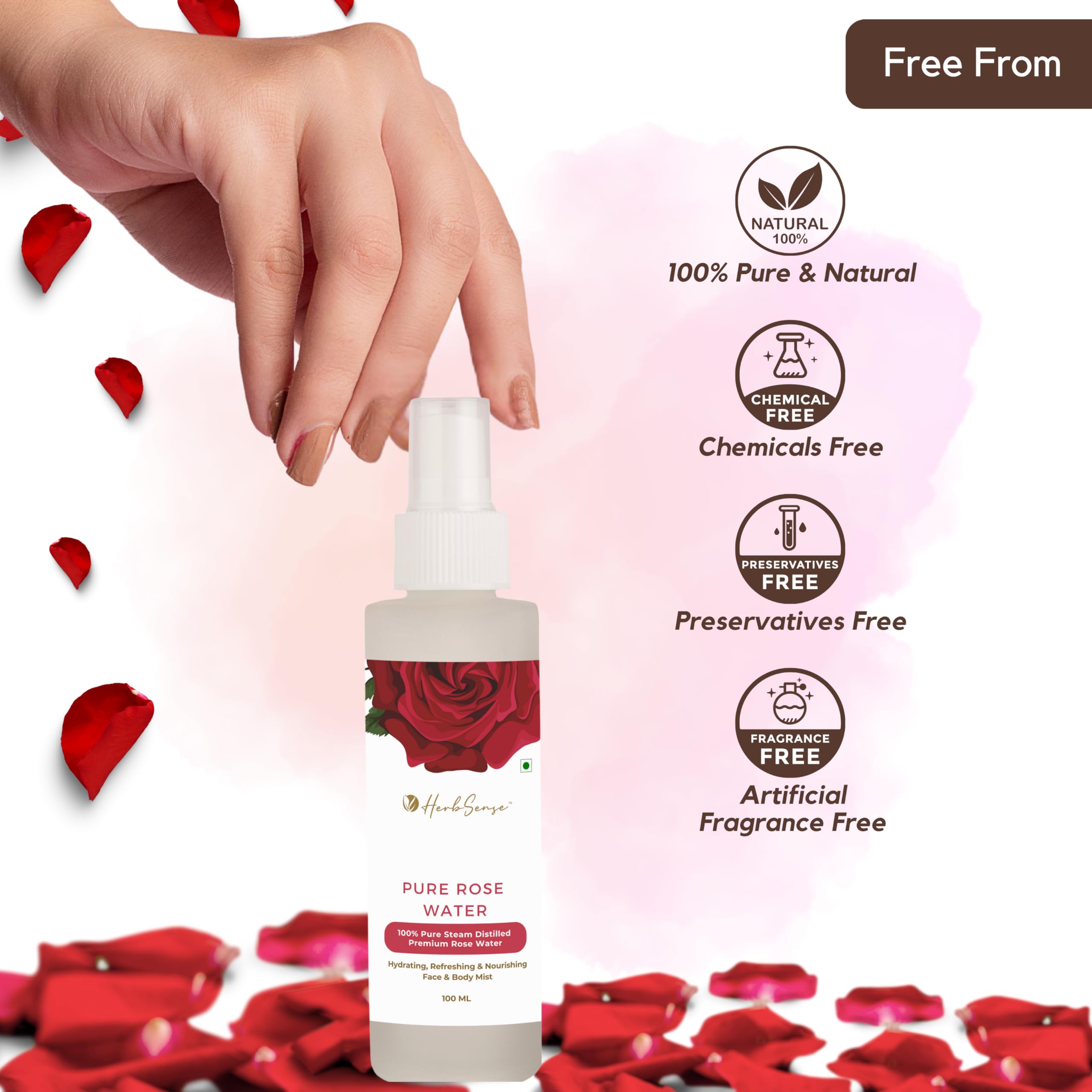 Herbsense Pure Rose Water (Gulab Jal) - 100% Natural Facial Toner for Glowing Skin | Alcohol-Free, Chemical-Free, Edible Grade | 100ml Glass Bottle | Perfect for Skincare Routine, Aromatherapy & Cooking