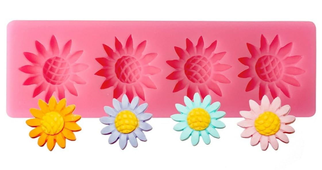 Premium Daisy & Sunflower Silicone Fondant Molds - 4 Cavity Chocolate, Cookie, Cupcake, Candy Mold for Baking, Cake Decorating, Gummy, Jelly, Resin & Polymer Clay Crafts - Perfect for Baby Showers, Wedding Cakes & DIY Home Baking Projects