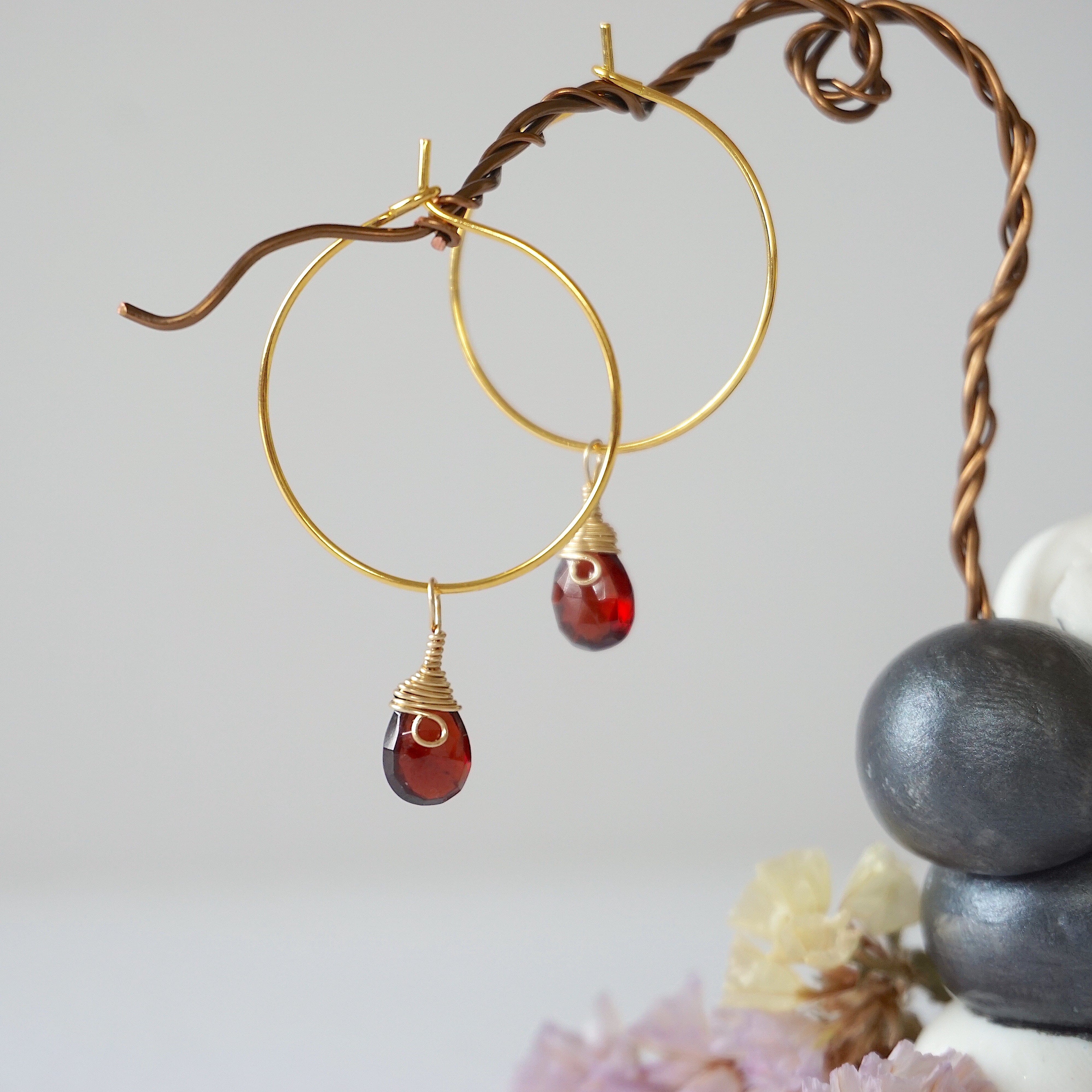 Garnet Charm Gold Plated Hoop Earrings for Women - Elegant Dangle Jewelry for Party, Wedding & Everyday Wear