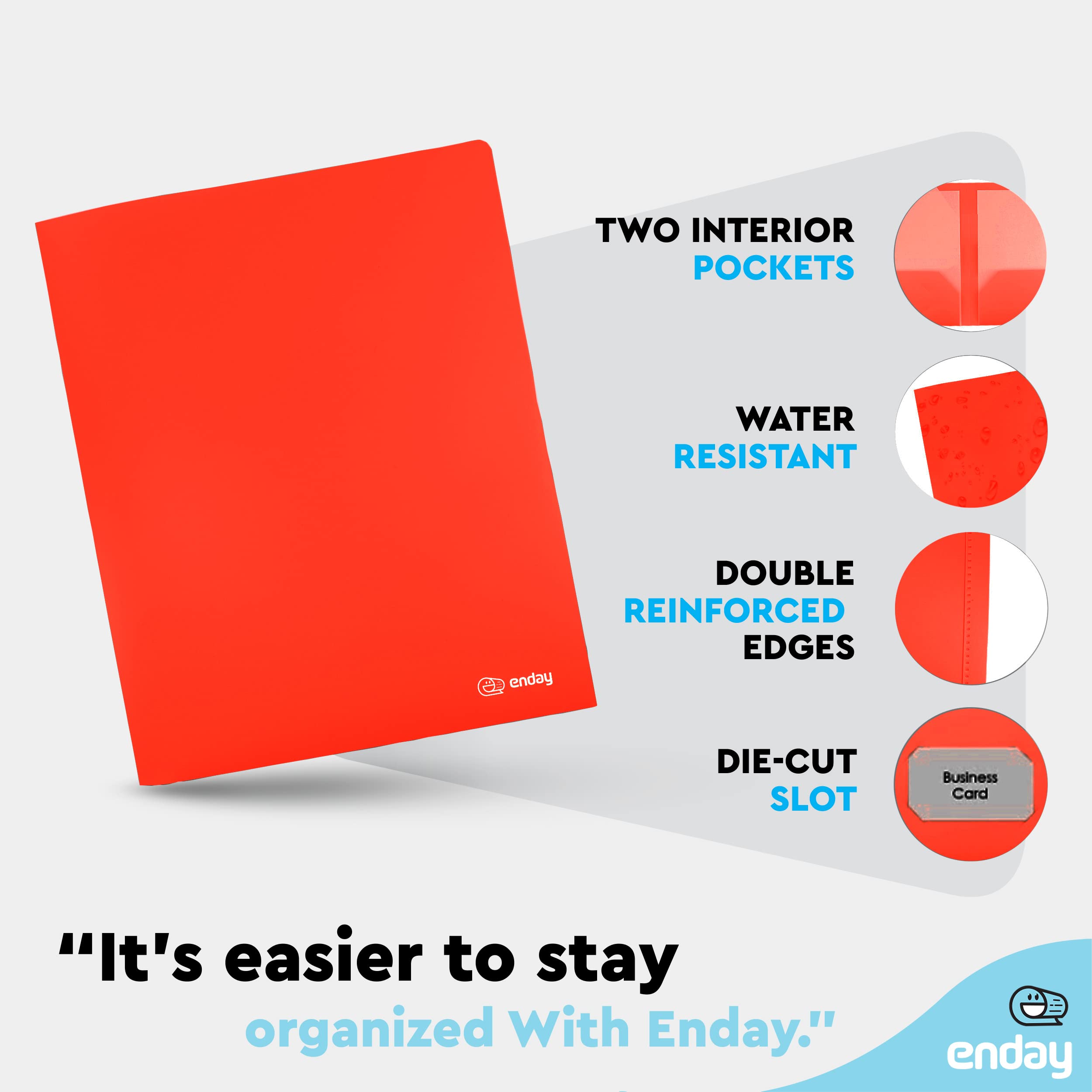 Enday 2-Pocket Plastic File Folders - Letter Size, Heavy Duty Poly Portfolio for School & Office (Red, Purple, Green, Blue, Pink, Grey) - Organize Documents, Homework & Office Papers