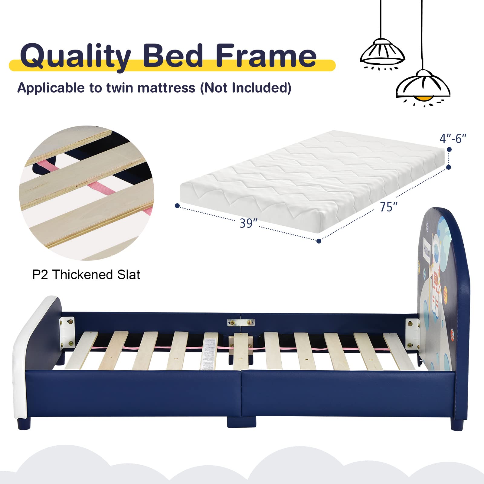 HONEY JOY Twin Bed Frame for Kids - Sturdy Wooden Platform Bed with Headboard & Slat Support, No Box Spring Required - Space Themed Children's Bedroom Furniture for Boys & Girls (Fits Standard Twin Mattress) - Perfect for Small Bedrooms, Daycare Centers & Sleepovers