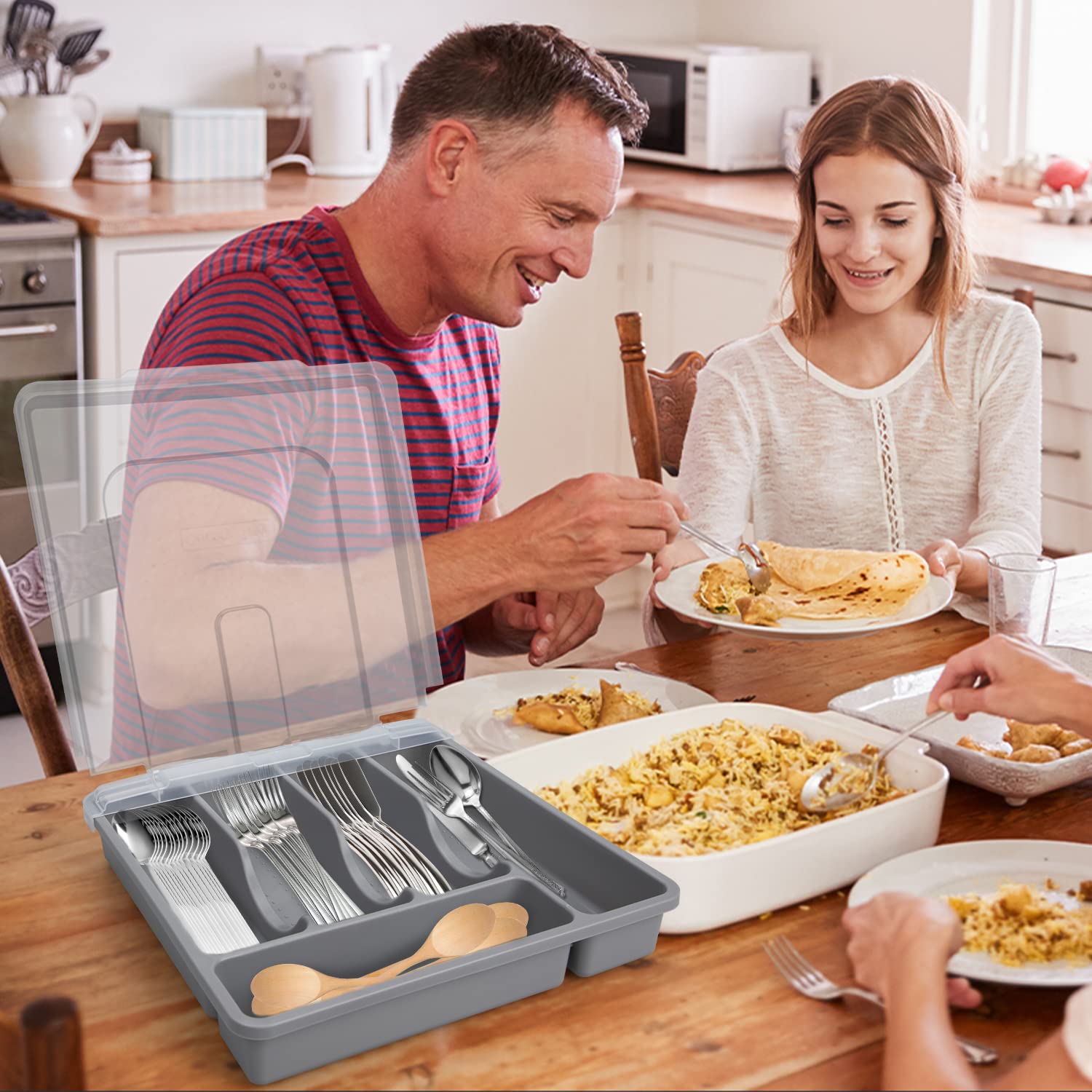 **5-Compartment Gray Plastic Silverware Organizer with Lid - Drawer & Countertop Utensil Holder for Kitchen, Dining, and Office Use**