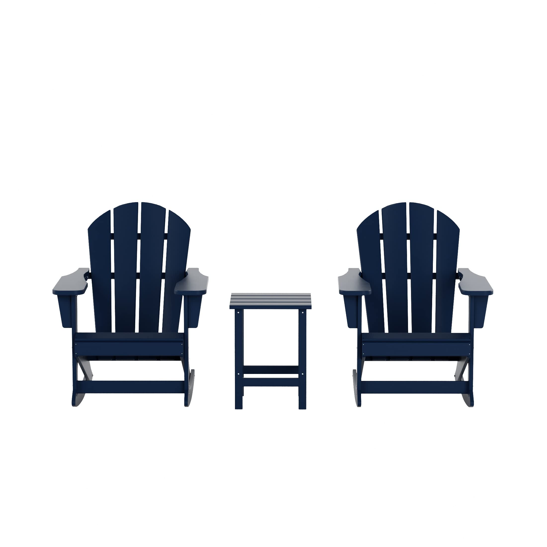 WO Home Furniture 3-Piece Patio Rocking Chair Set - Classic Outdoor Adirondack Rocker Chairs & Table in Navy Blue - Perfect for Backyard, Garden, Porch & Poolside Relaxation