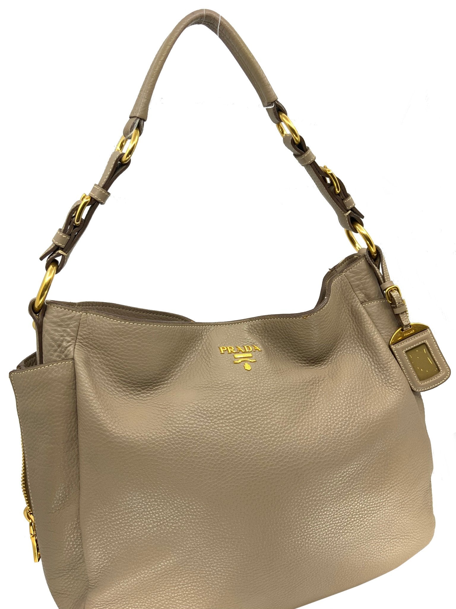 Prada Side Pocket Zip Vitello Daino Hobo Handbag - Luxury Leather Shoulder Bag for Women | Perfect for Work, Travel & Everyday Use