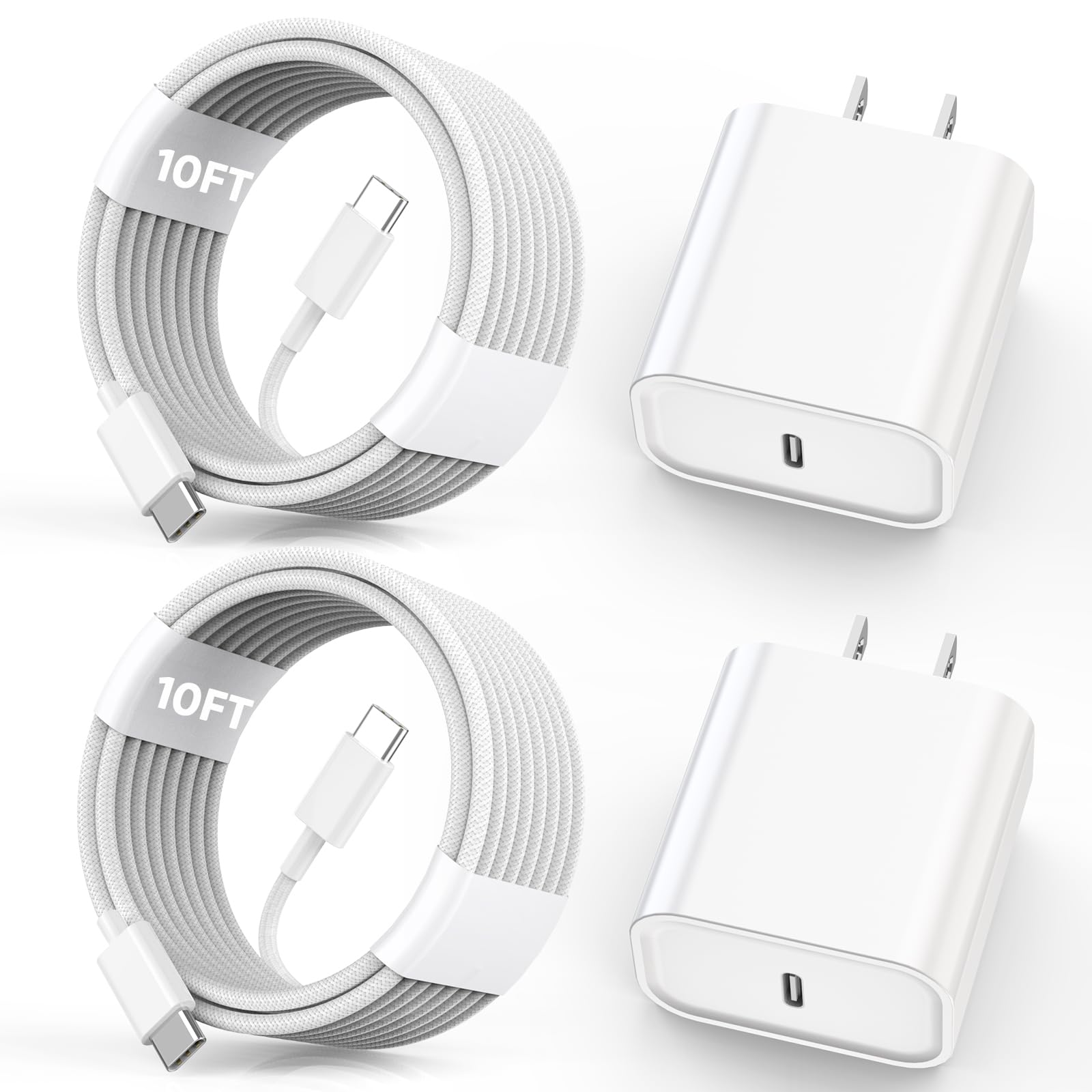2-Pack 10FT USB C to C Fast Charging Cable & 20W Power Adapter - Extra Long Durable Woven Cord for iPhone 16/15 Series, iPad Pro/Air/Mini & AirPods - Quick Charge for Home, Office & Travel