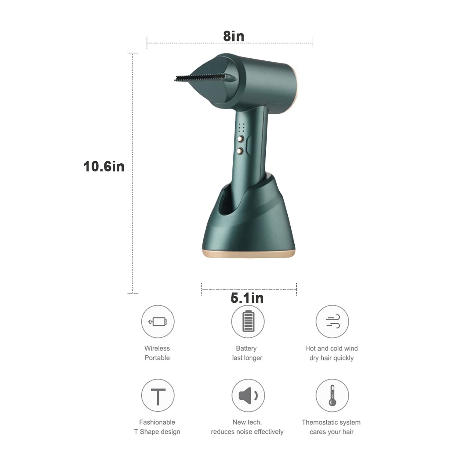 **300W Cordless Hair Dryer with Nozzles - 3 Speed & Heat Settings, Rechargeable Lithium Battery for Travel, Camping & Outdoor Use - Perfect for Styling On-The-Go**