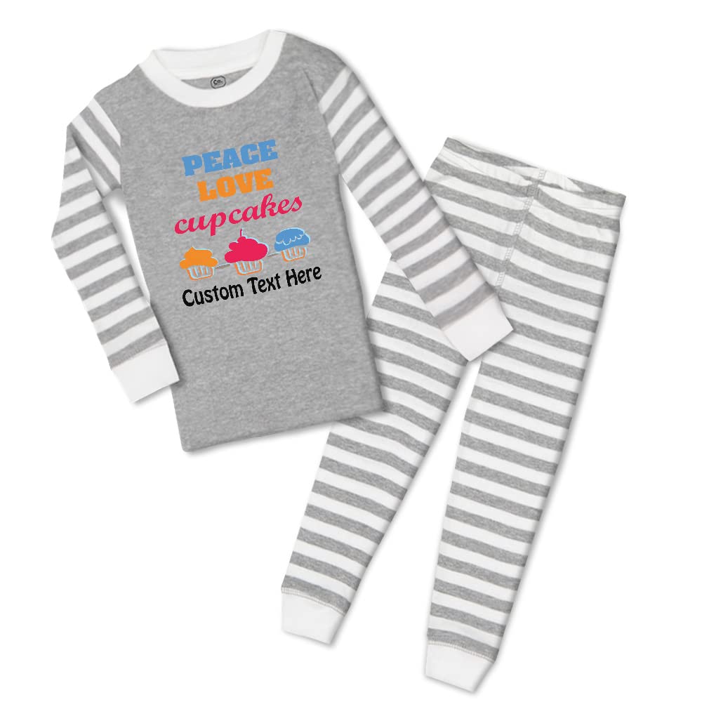 Custom Boy & Girl Cotton Toddler Pajamas Set - Peace Love Cupcakes Print, Snug Fit Stripes, Grey Baby Sleepwear (6 Months) - Perfect for Bedtime, Nursery Photos & Cozy Family Moments