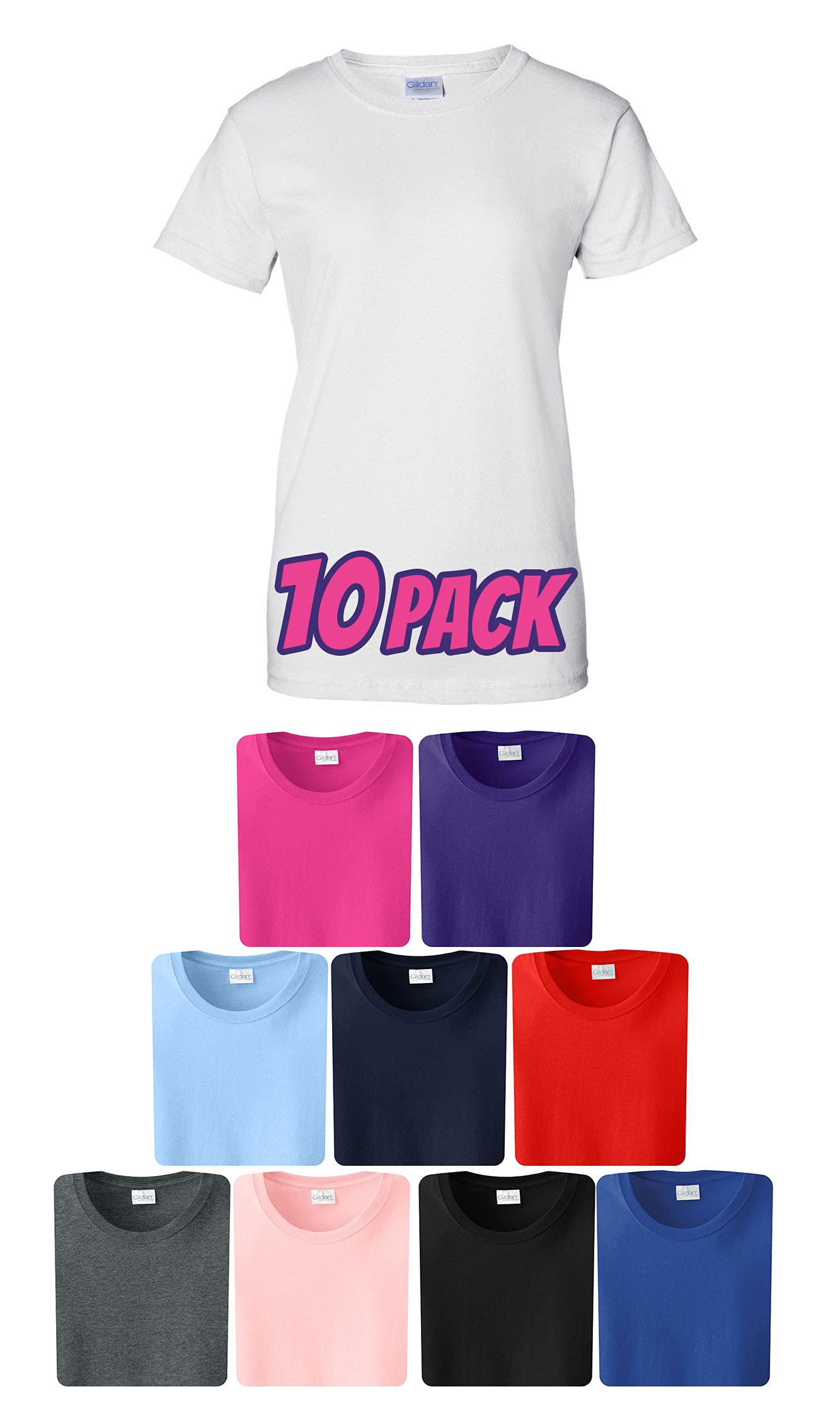 2000L Women's Short Sleeve Crewneck T-Shirts Multipack - 3/6/10 Pack Ultra Soft Cotton Basic Tees for Women - Casual Wear, Layering, Workout & Everyday Comfort