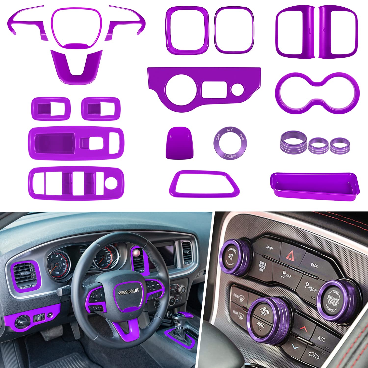 21-Piece Interior Trim Kit for 2015-2021 Dodge Charger - AC Switch, CD Button, Steering Wheel Cover, Window Switch & Air Vent Trim (Purple) | Premium Car Interior Accessories for Customization & Style Upgrade