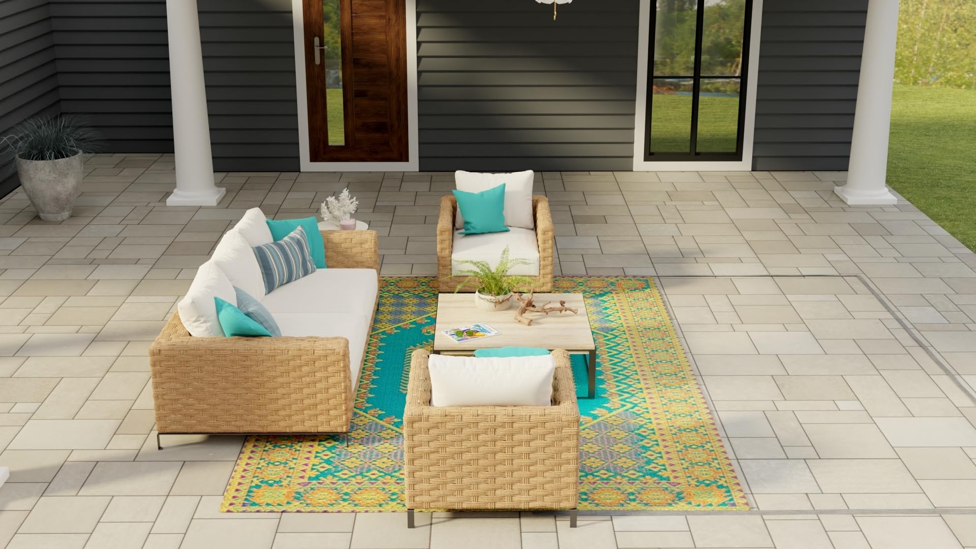 Mad Mats Traditional Reversible Outdoor Rug 5' x 8' - Durable Plastic Mat for Patio, Porch, Poolside, Deck & RV | Waterproof & Easy-Clean | Oriental Turkish Design in Aqua Blue | Perfect for Camping, Mudroom & Outdoor Entertaining