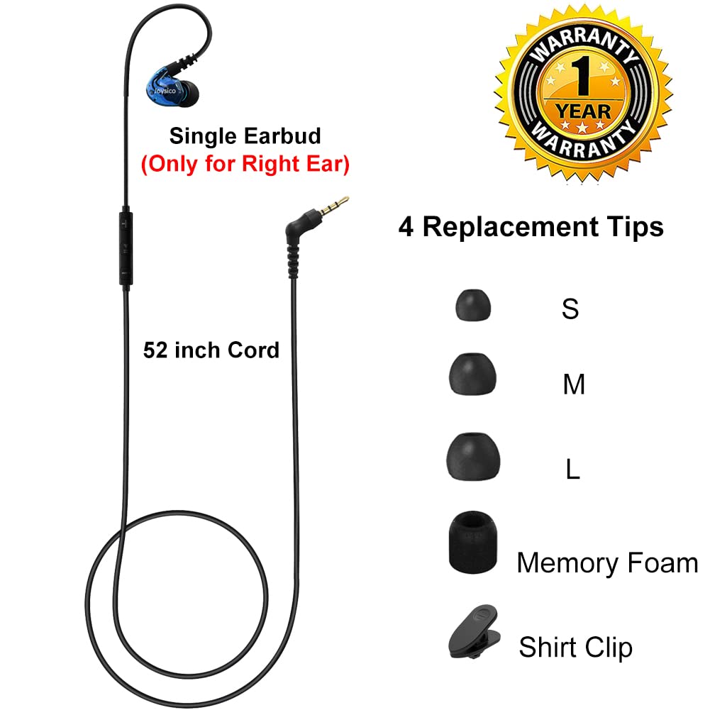 Stereo-to-Mono Single Earbud with Mic & Controls - Wired One Ear Headphone with Over-Ear Hook & Case for iPhone Android Phone Laptop - In-Ear Mono Headset for Driving, Sports, Running, Cycling (Right Ear Only) - Perfect for Hands-Free Calls, Workouts & Commuting