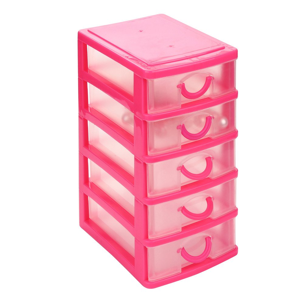 Mini Desktop Drawer Organizer - 5-Layer Plastic Storage Box for Cosmetics, Office & Craft Supplies | Removable Multi-Purpose Drawer Case (Pink) | Perfect for Vanity, Desk & Bathroom Organization