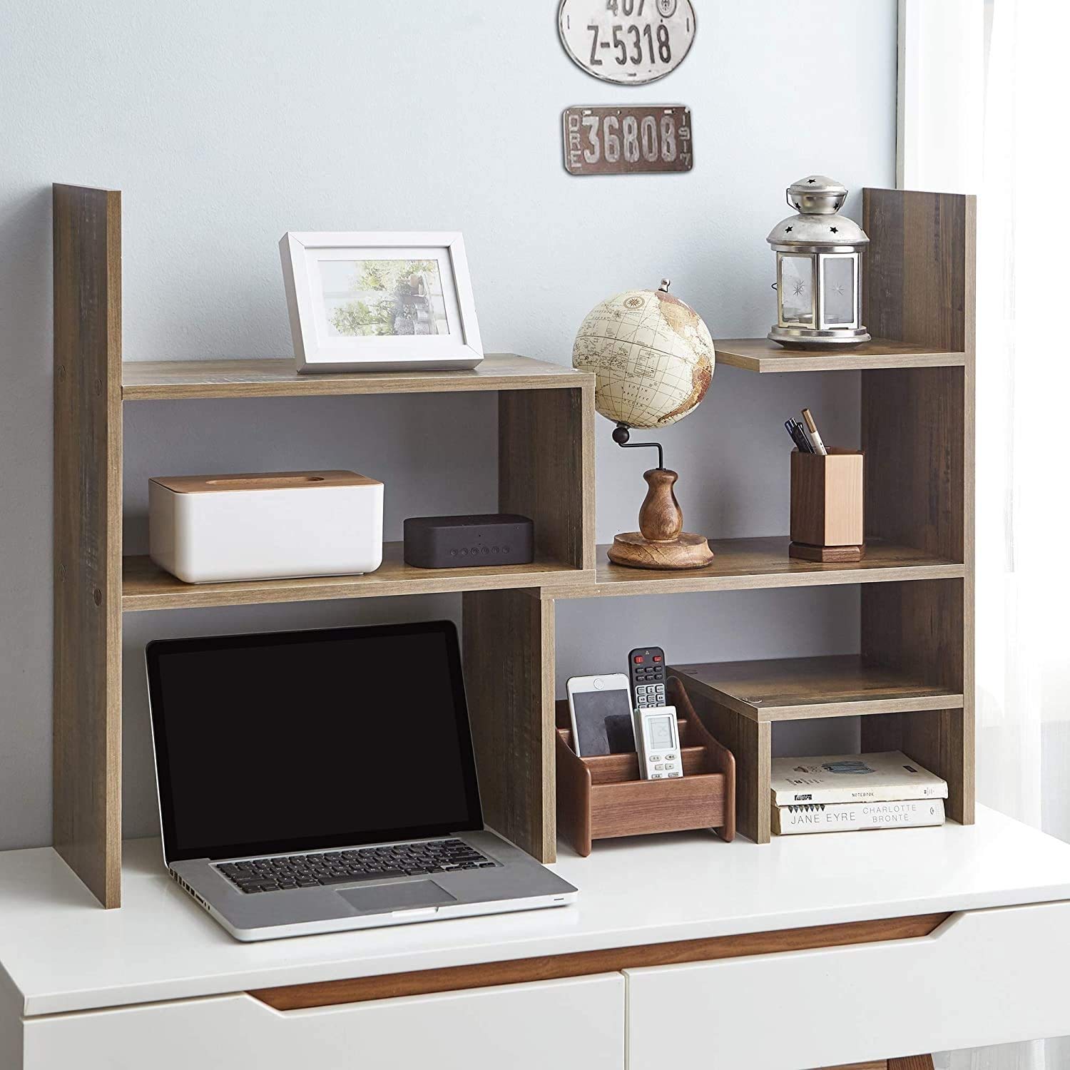 Compact Adjustable Dorm Desk & Bookshelf - Rustic Brown Wood Study Organizer for Small Spaces, College Dorm, Home Office & Bedroom