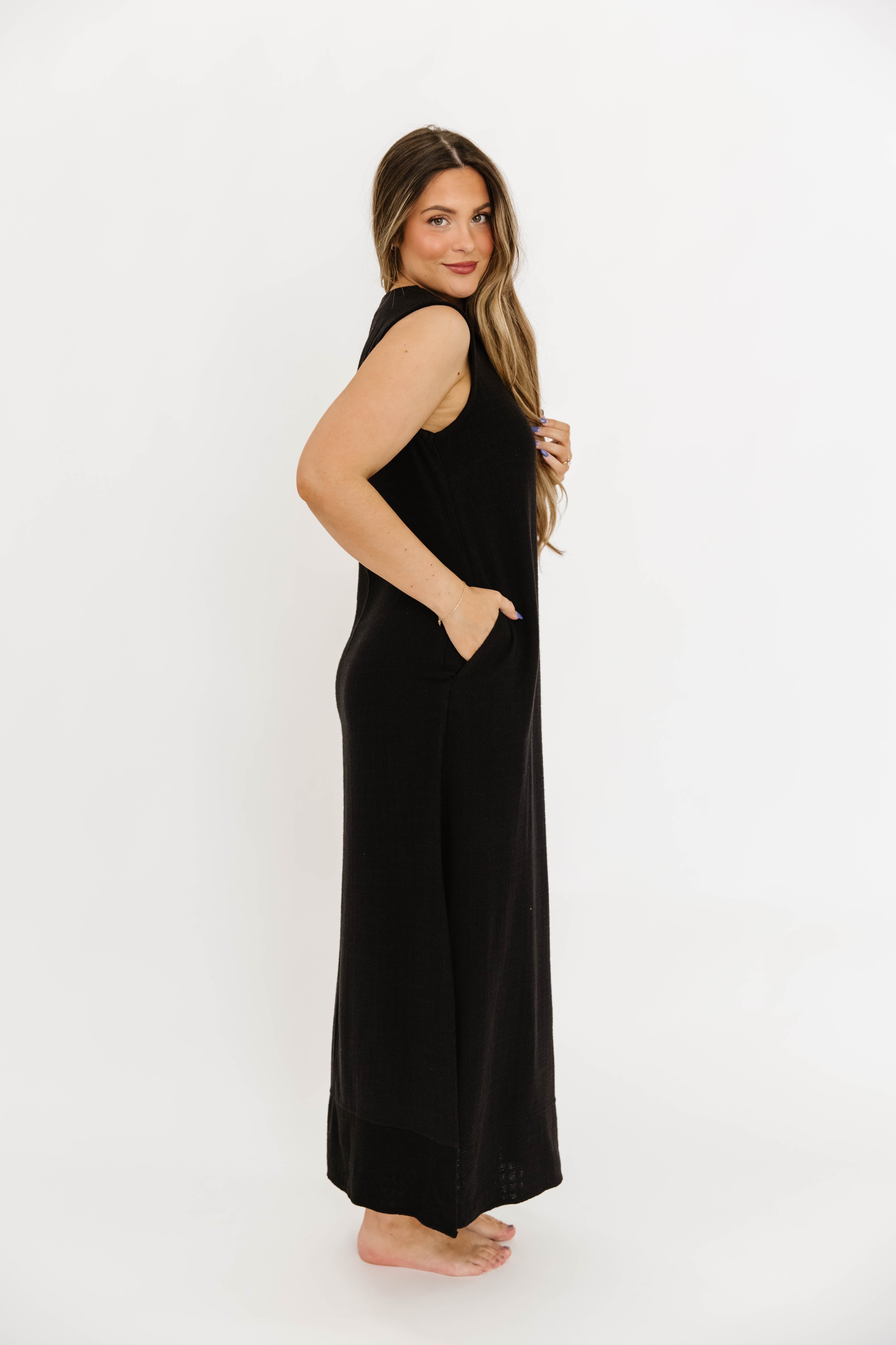 How Sweet It Is Sleeveless Linen Blend Maxi Dress in Black - Bump Friendly Maternity Wear for Summer Beach Vacations & Outdoor Events