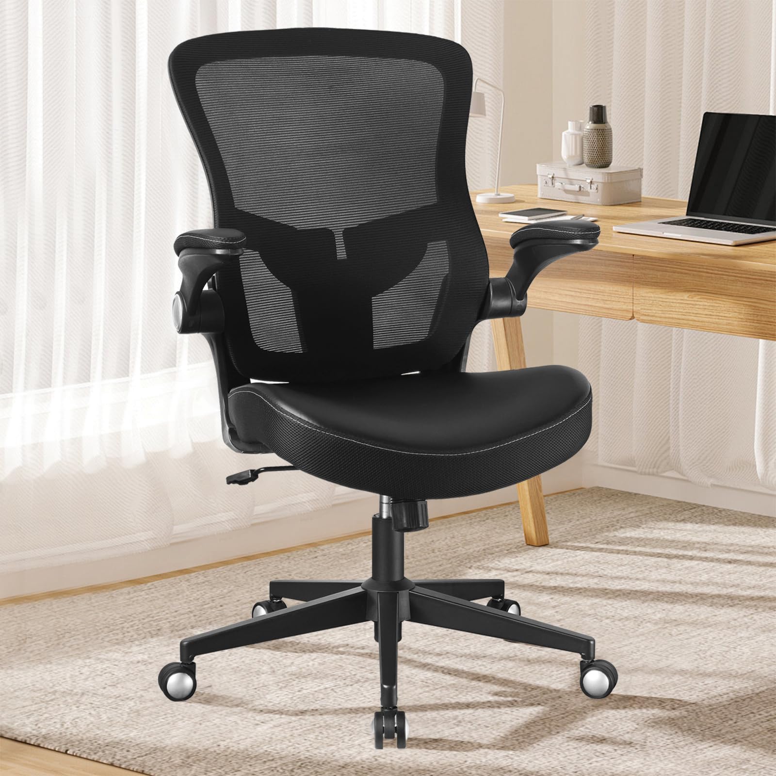 Ergonomic Office Chair with PU Leather Cushion - 350lbs Weight Capacity, Adjustable Seat Height & Lumbar Support, Flip-Up Arms - Perfect for Home Office, Gaming & Workspace Comfort