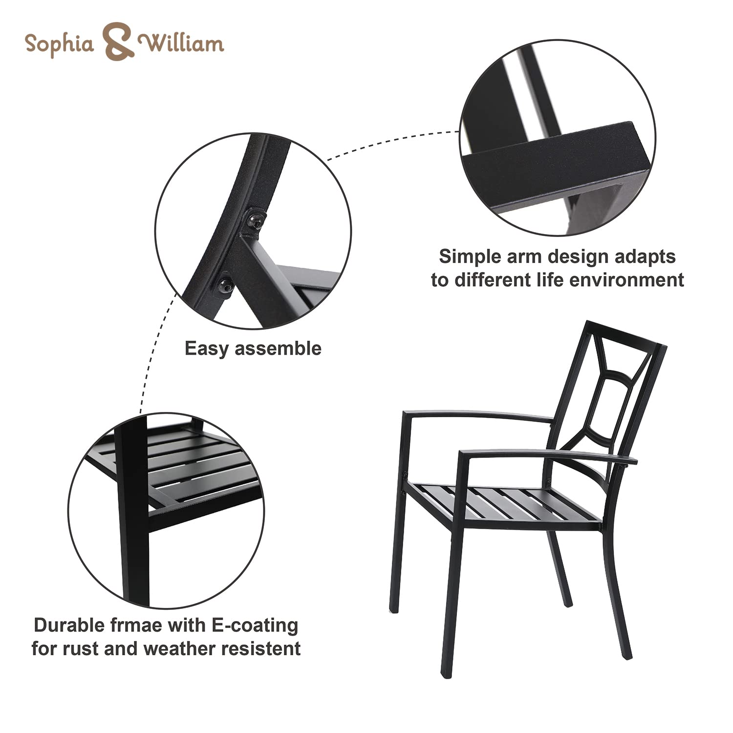 Sophia & William 3-Piece Patio Bistro Set - 2 Stackable Metal Chairs & Round Side Table - Outdoor Furniture for Backyard, Balcony, Garden & Indoor Use - Perfect for Relaxing, Dining & Entertaining