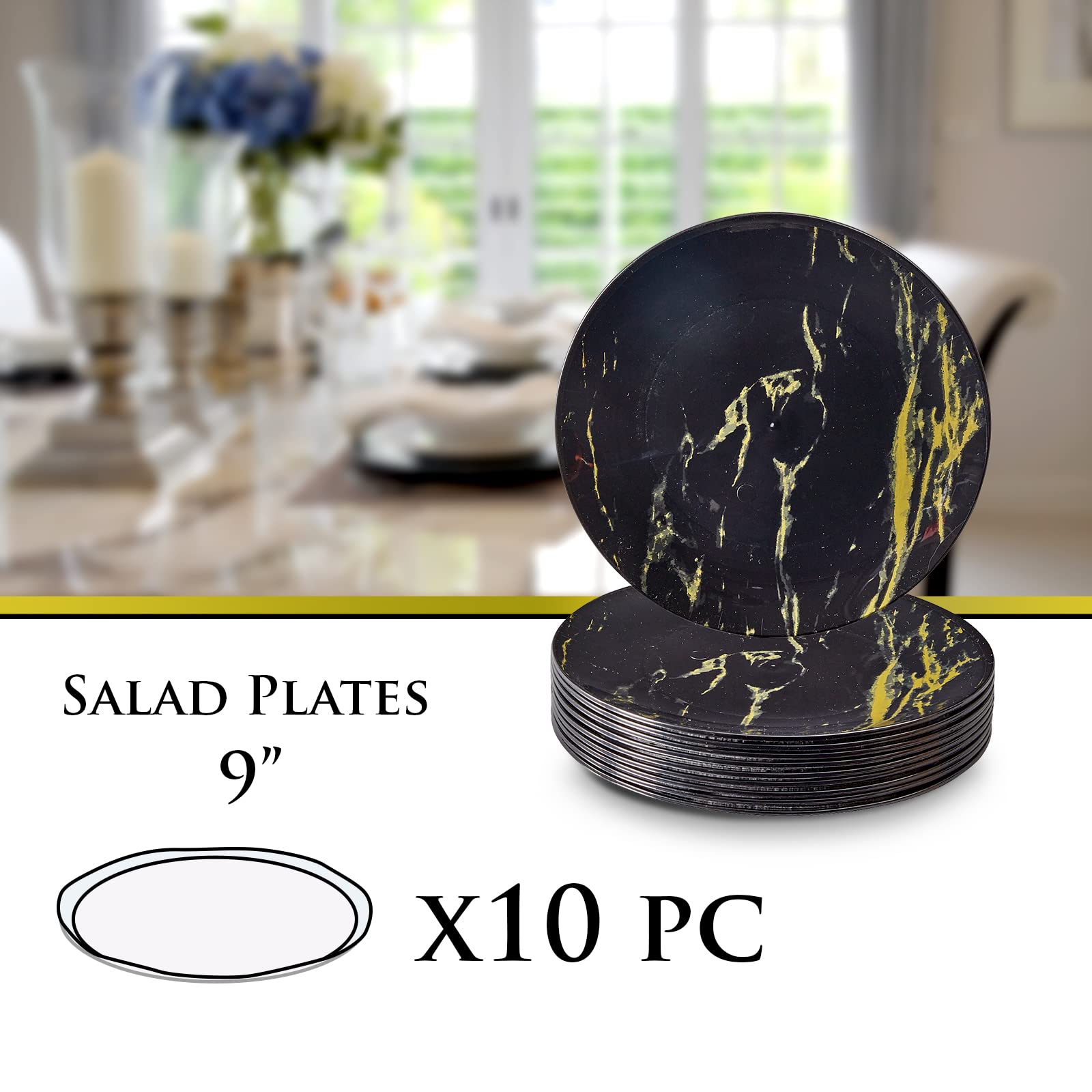 Elegant Marble Disposable Dessert Plates 10-Pc Set for Parties & Fine Dining - Black/Gold