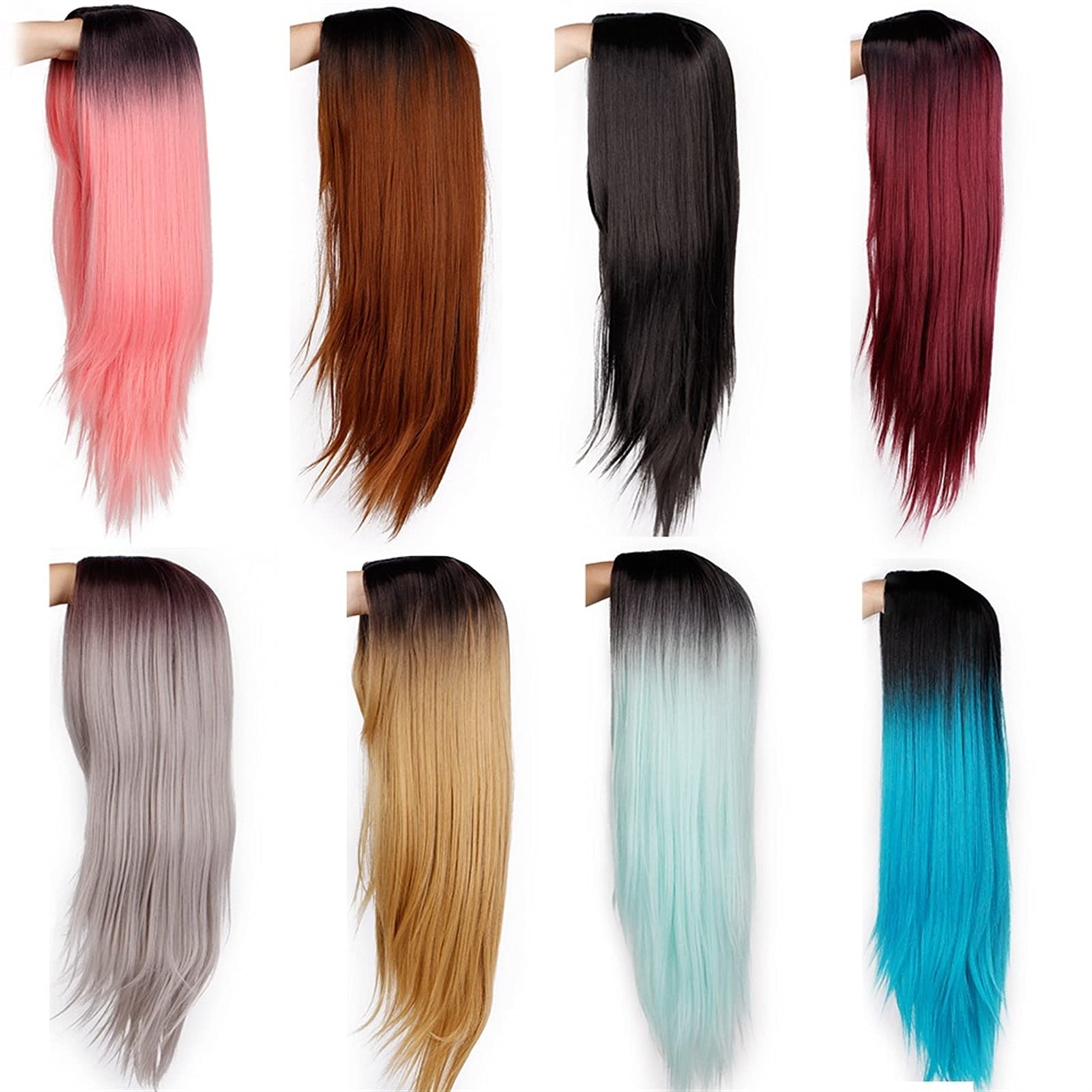 24 Inch Straight Long Synthetic Human Hair Wigs for Women - Heat Resistant Cosplay Wigs in Black & Pink | Freetress Wigs for Daily Wear, Parties & Costume Events (Color: E)