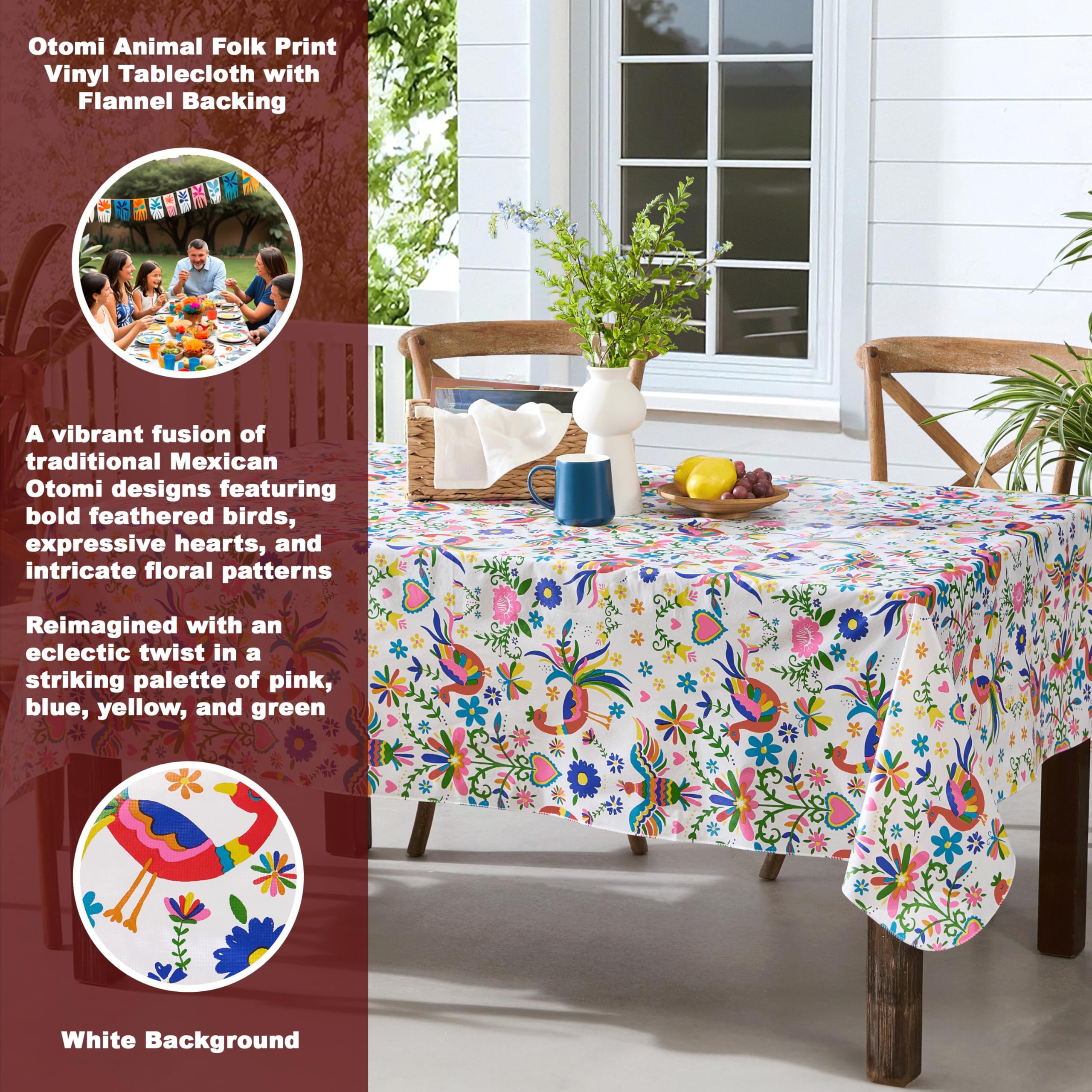 Newbridge Easter Animal Folk Print Vinyl Tablecloth with Flannel Backing - 52 x 70 Inch Rectangle Mexican Otomi Design (Birds, Hearts, Floral) - Waterproof & Wipe Clean Table Cover for Parties, Picnics, Barbecues, Easter Celebrations & Outdoor Dining