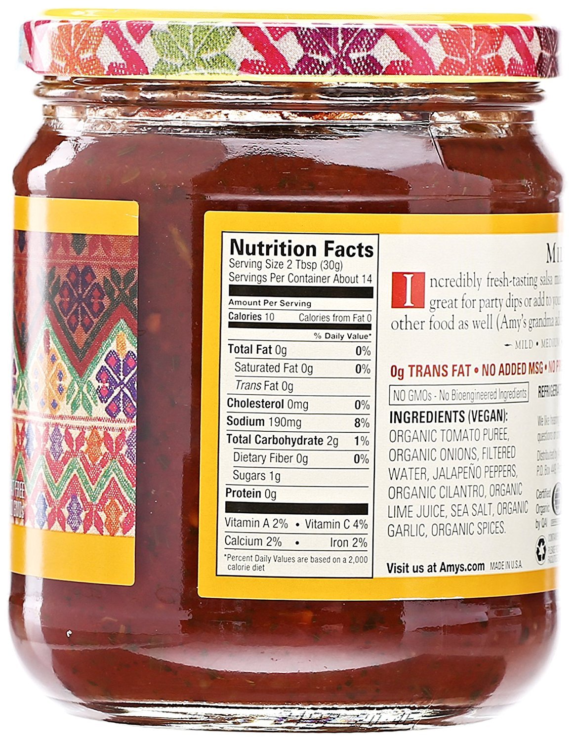 Organic Mild Salsa by Amy's - Gluten Free Vegan Snack with Fresh Tomatoes (14.7 Oz) - Perfect for Chips, Tacos & Healthy Party Dips