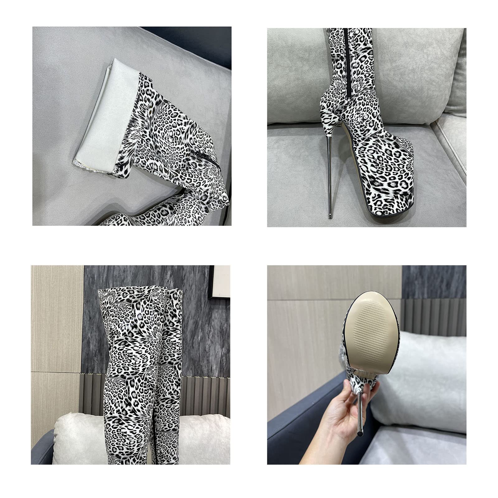 Vujkliy Women's Over The Knee Leopard Print High Heel Boots - 19cm Steel Heel, Sexy Zipper Tall Boots, Round Toe Pole Dance Shoes for Striptease Performance & Nightclub Wear - Plus Size Available