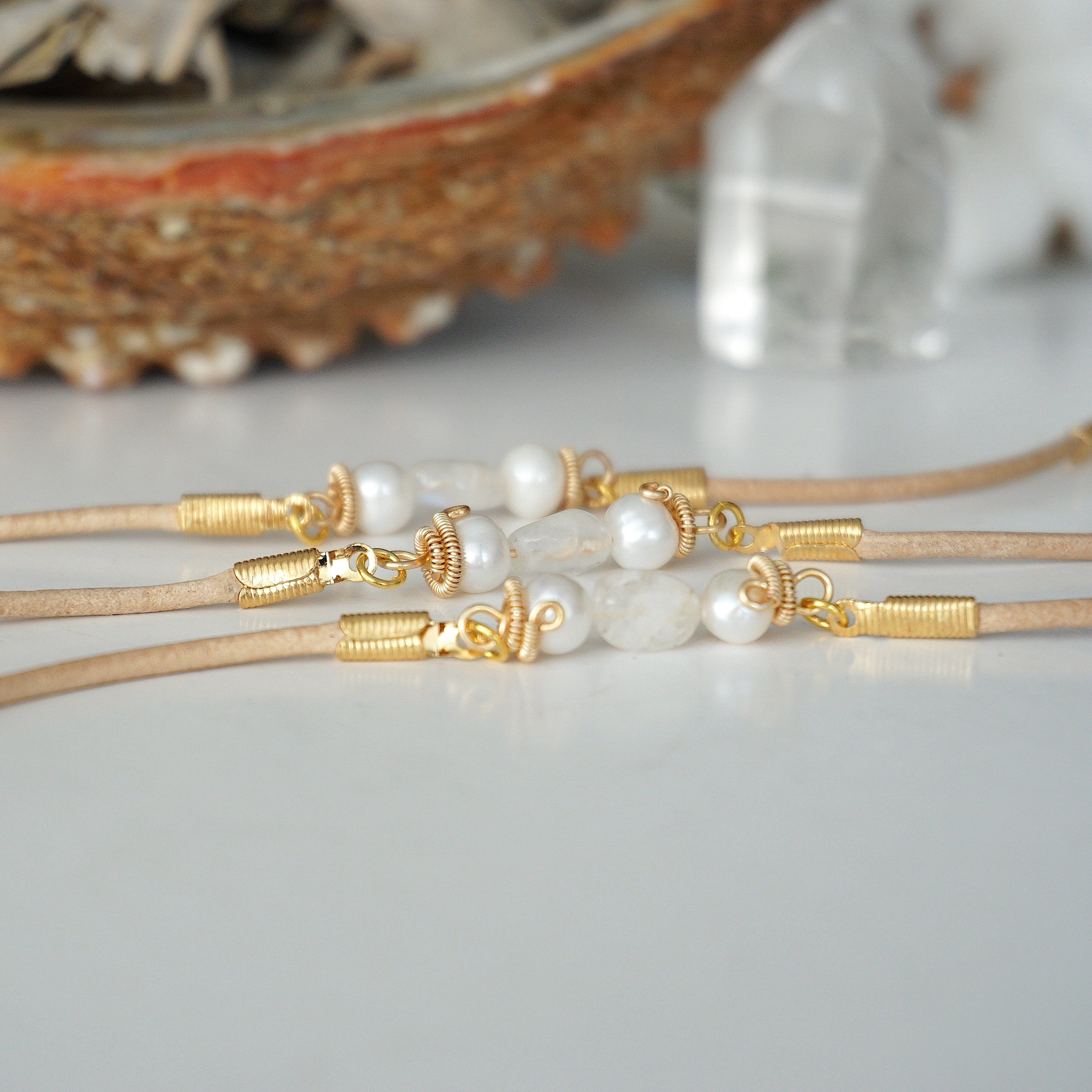 Pearl and Moonstone Bracelet - Gold Plated Tan Leather Jewelry for Women | Boho Chic, Wedding, Party & Everyday Wear