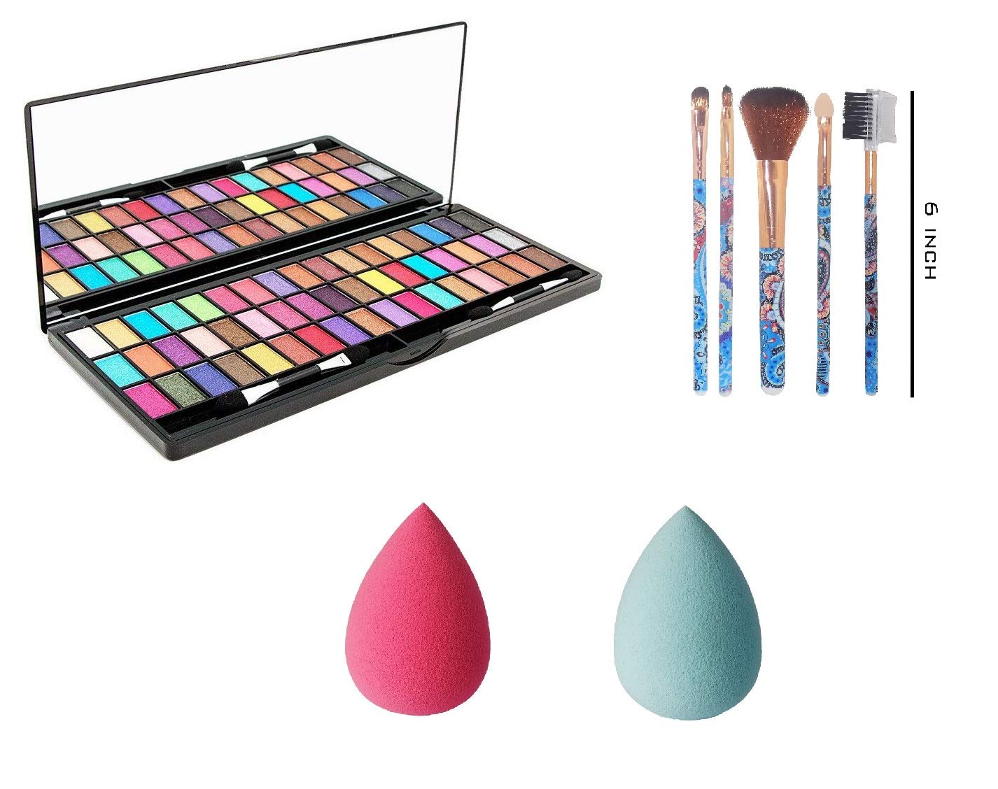 Khelni® 51 Color Eyeshadow Palette with 5-Piece Makeup Brush Set & 2 Makeup Sponges - Professional Makeup Kit for Party, Wedding, and Daily Use