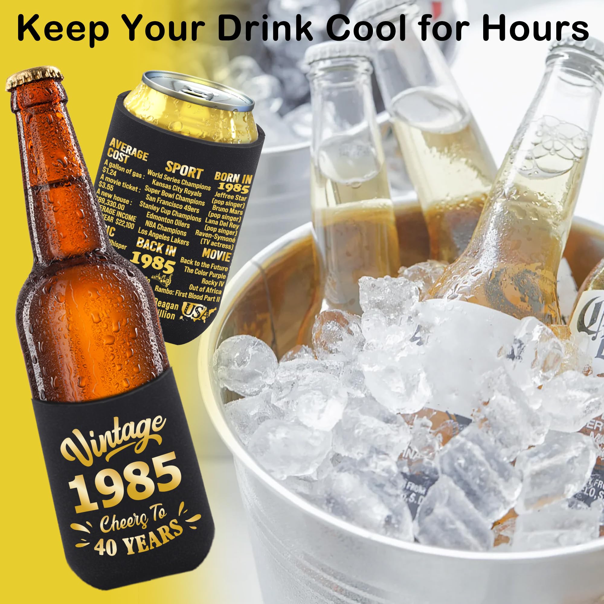 40th Birthday Party Decorations for Men & Women - Black & Gold Pack of 12 Can Cooler Sleeves - Perfect for 40th Birthday Gifts, Party Favors & Supplies - Great for Backyard BBQs, Pool Parties & Anniversary Celebrations