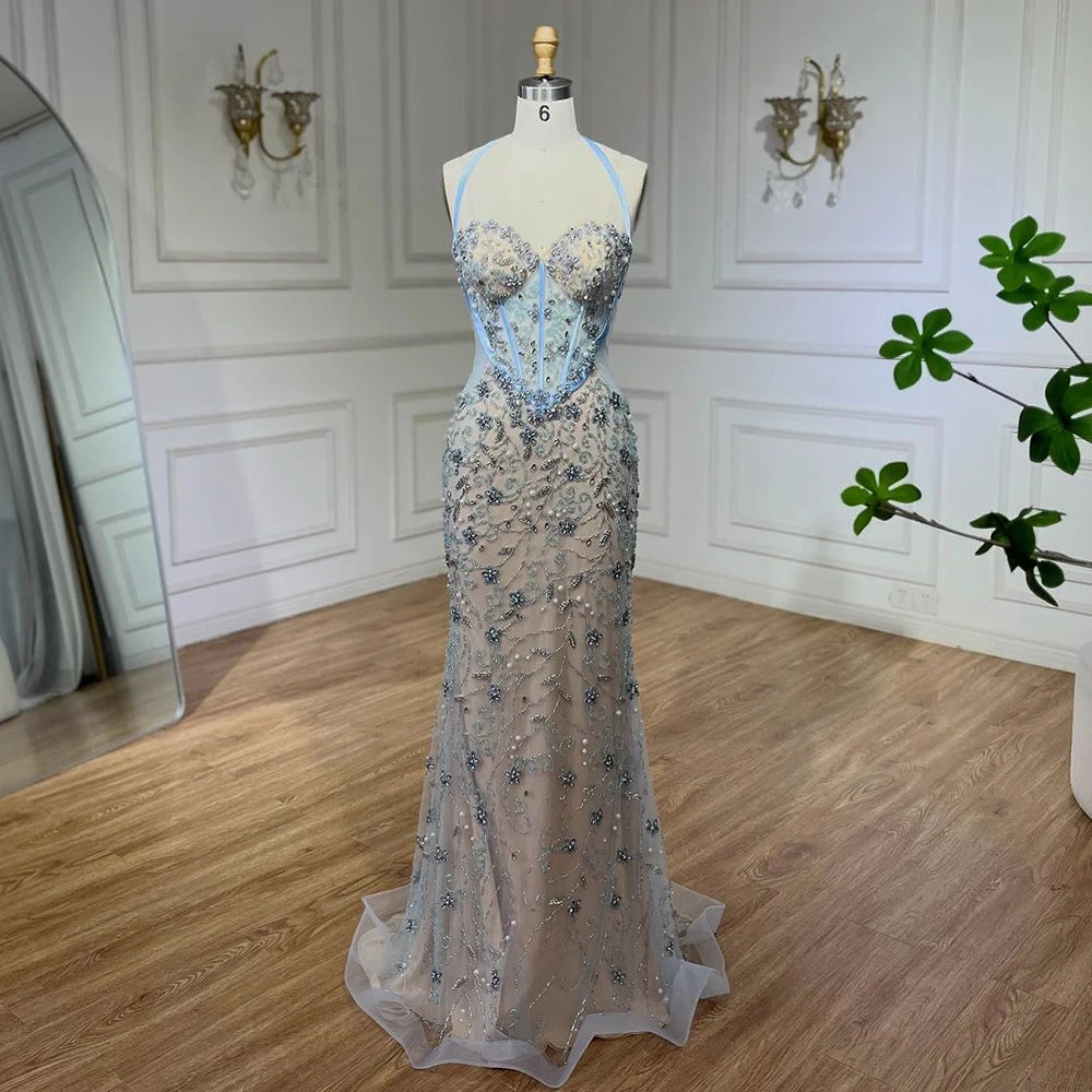 Luxury Dubai Blue Mermaid Evening Gown with Beaded Spaghetti Straps - Arabic Style Wedding Party Dress for Women 2025 | Perfect for Formal Events, Galas & Special Occasions