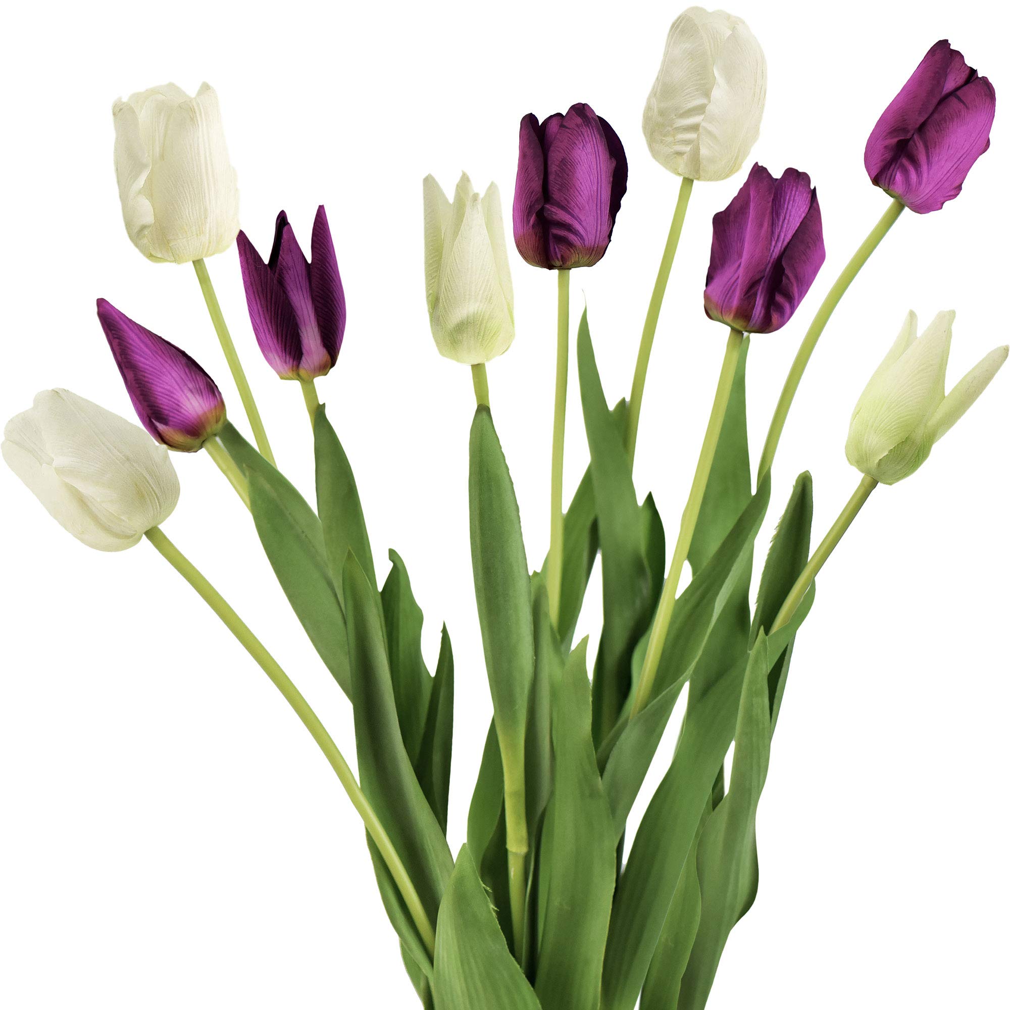 Real Touch White Purple Tulips Artificial Flowers (10 Stems) for Wedding & Home Decor
