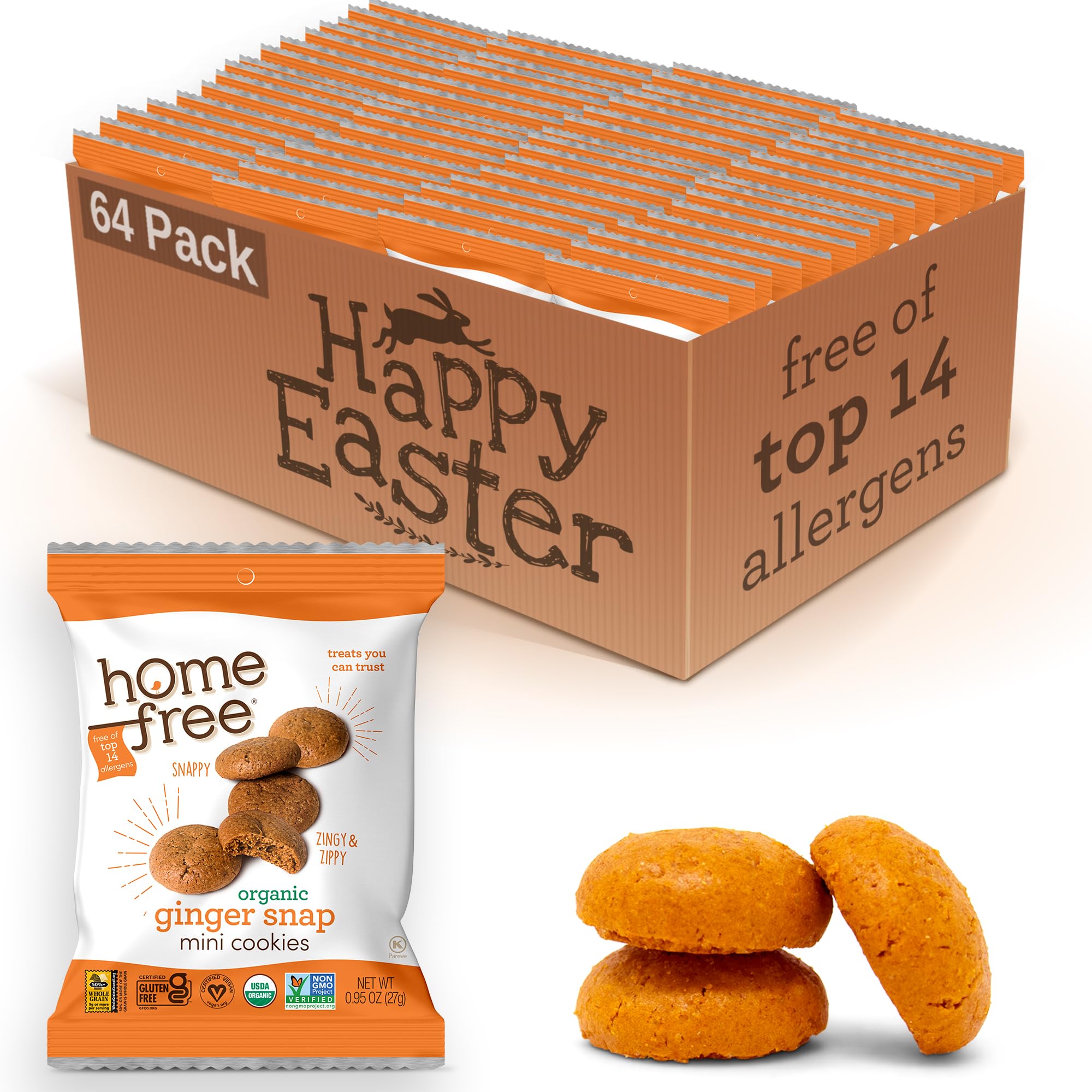Organic Mini Ginger Snap Cookies - Gluten Free, Nut Free, Vegan, School Safe Snack - Individually Wrapped 0.95 oz Packs (64 Count) - Perfect for Lunchboxes, Allergy-Friendly Treats & On-the-Go Snacking