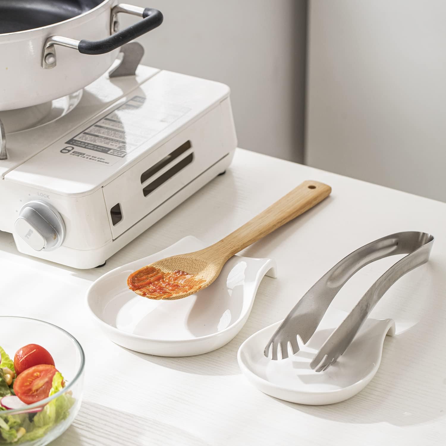 Ceramic Spoon Rest Set of 4 - 5.5 Inch White Porcelain Kitchen Utensil Holder for Stove Top, Countertop - Perfect for Cooking, Serving Coffee & Organizing Spatulas, Ladles