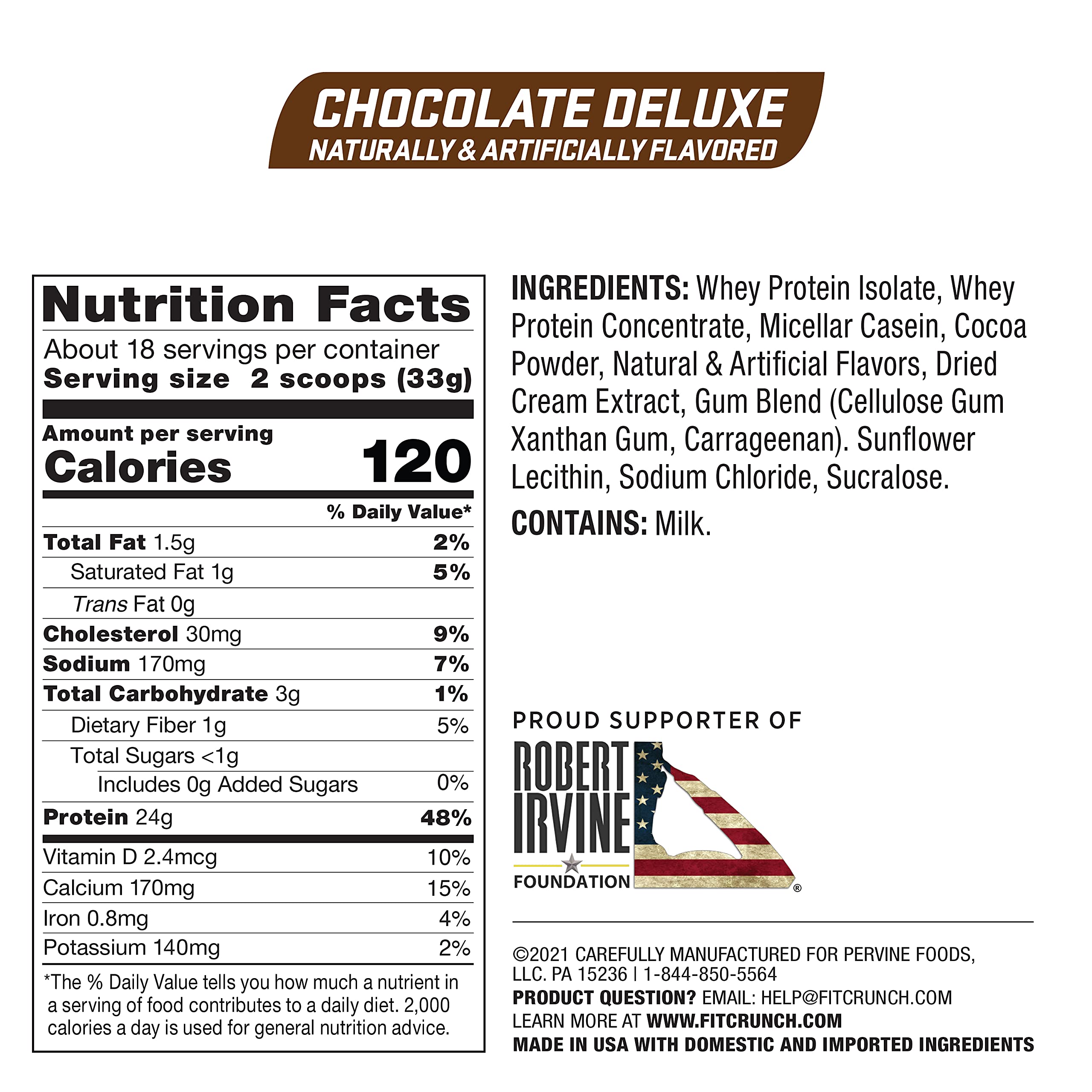 FITCRUNCH Tri-Blend Whey Protein Powder - Keto Friendly, Low Calorie, High Protein (18 Servings, Chocolate Deluxe) | Gluten Free & Soy Free Supplement for Weight Loss & Muscle Building - Perfect for Post-Workout Recovery & Healthy Snacking