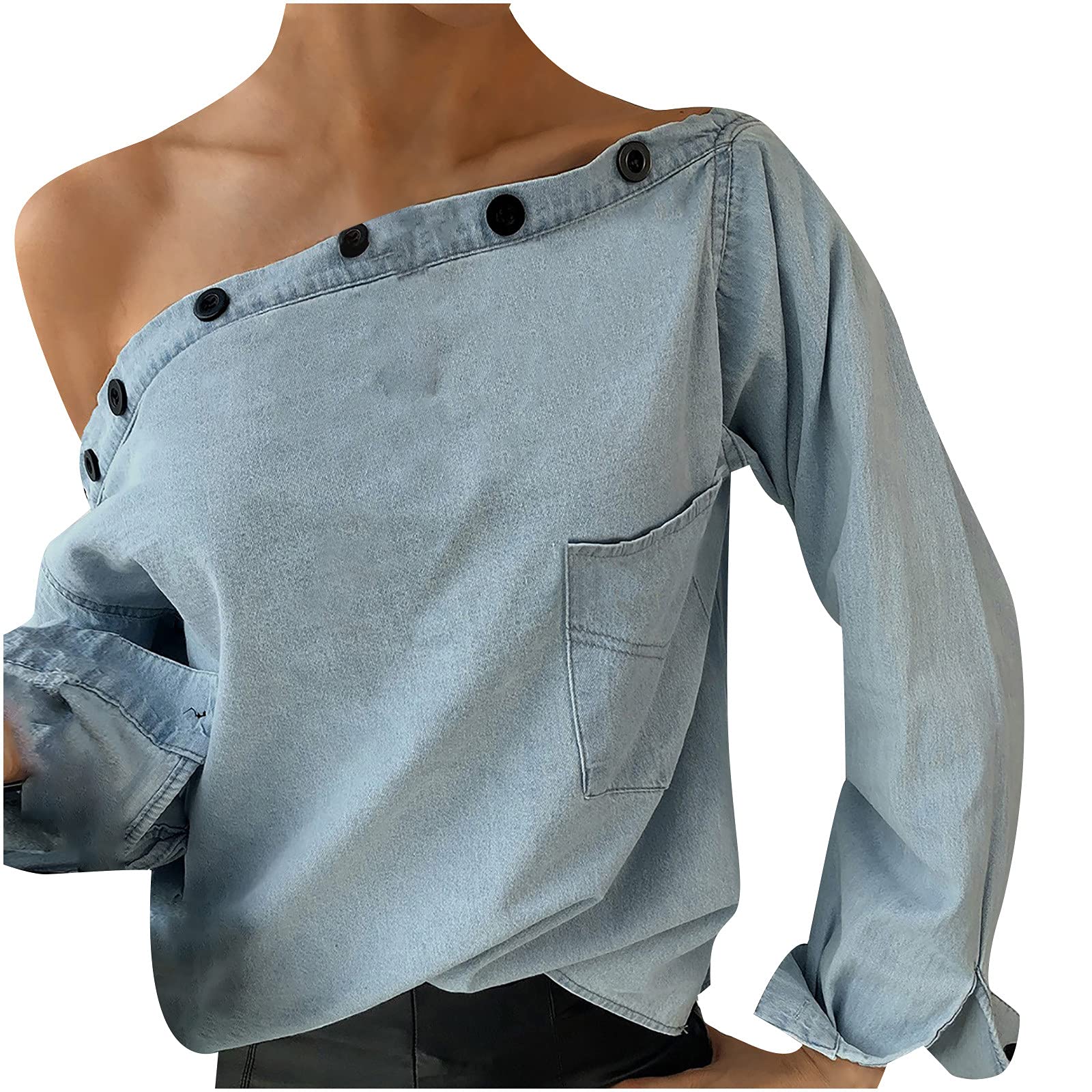 Women's Denim Button-Down Shirt - Off Shoulder Long Sleeve Collared Top for Casual Wear & Date Night Outfits