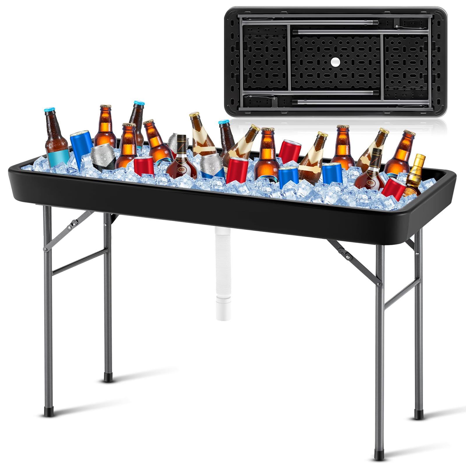 Suzile 4-Foot Folding Ice Table with Drain - Portable Cooler Table for Outdoor, Picnic, BBQ, Camping & Wedding | Black | Keep Food & Drinks Cold at Parties, Tailgates & Beach Outings
