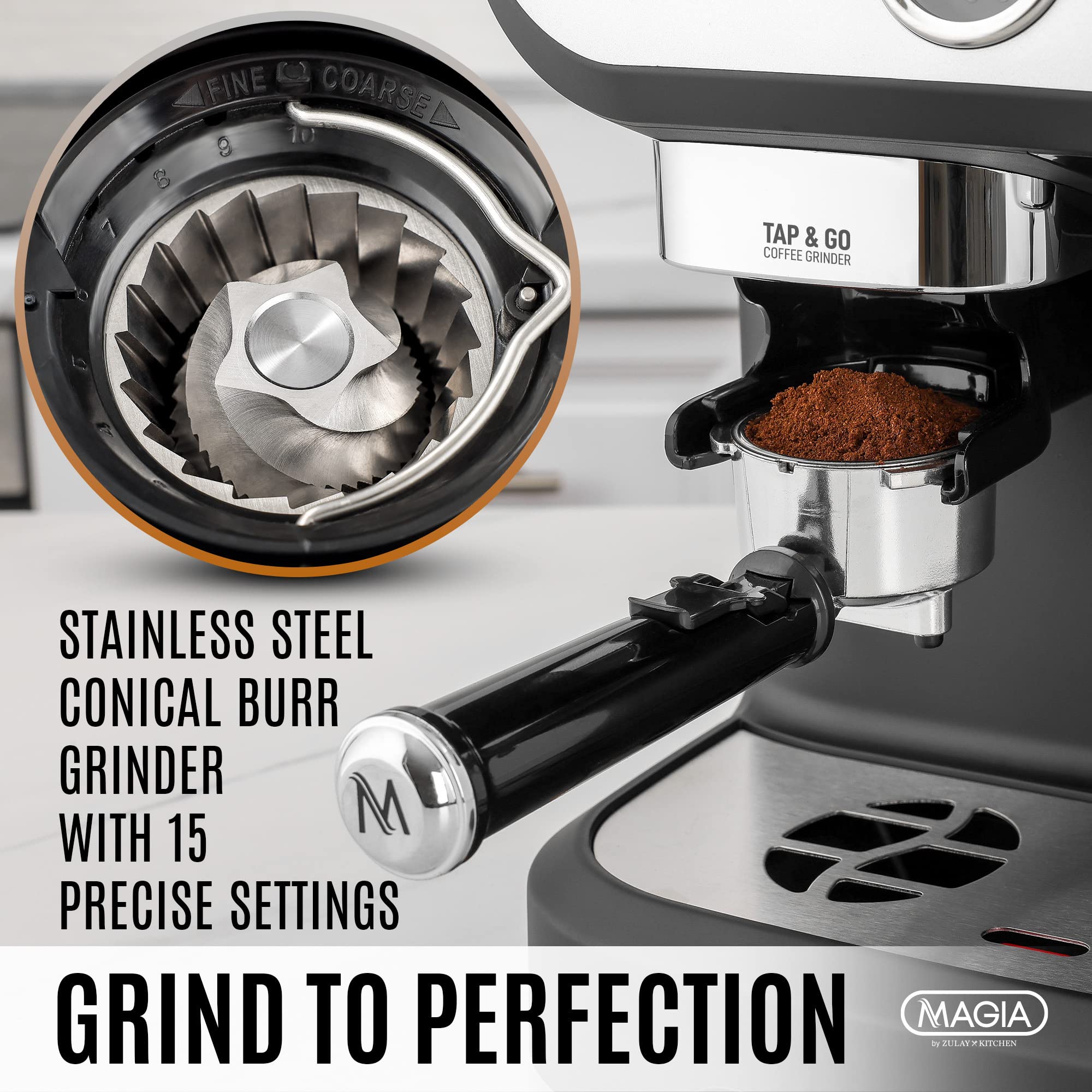 Zulay Kitchen Magia Manual Espresso Machine with Built-in Grinder & Milk Frother - 15 Bar Pressure Pump for Perfect Espresso, Cappuccino & Latte - 2L Large Removable Water Tank - Ideal for Home Baristas & Coffee Lovers