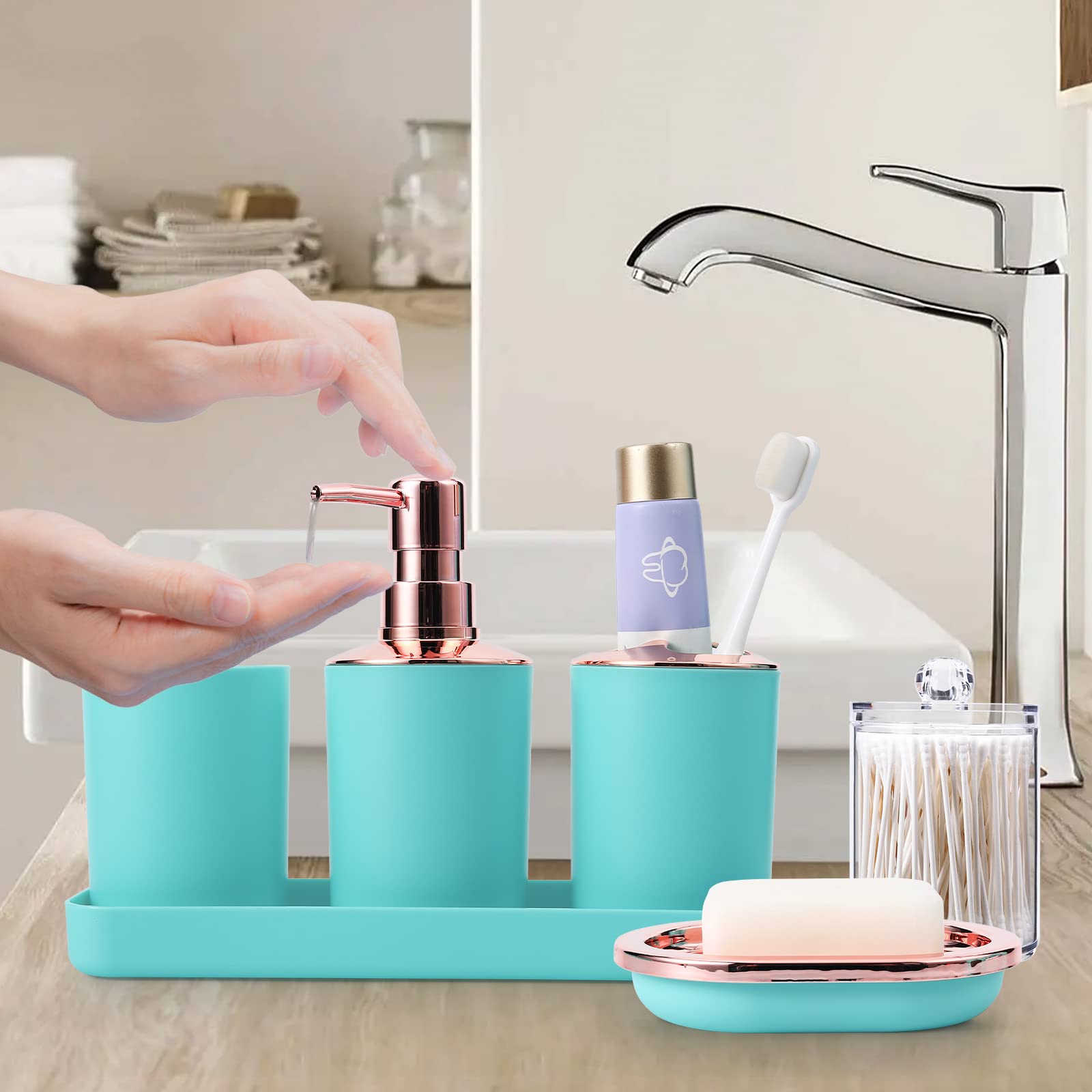 25-Piece Teal Bathroom Accessories Set with Shower Curtain, Rugs & Essentials - Includes Trash Can, Soap Dispenser, Toothbrush Holder, Toilet Brush, Tray & More | Modern Spa Decor for Guest Bathrooms, Master Suites & Apartment Upgrades
