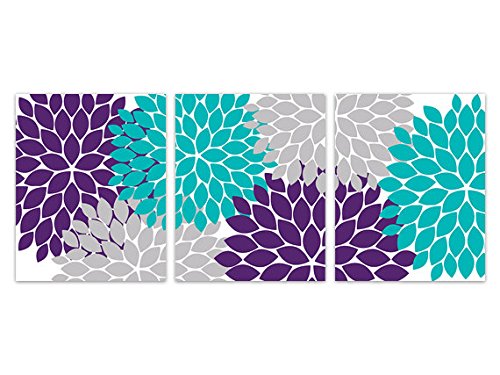 Vibrant Purple, Teal & Gray Floral Wall Art Prints - Modern Home Decor Canvas Painting for Living Room, Bedroom & Office Decoration