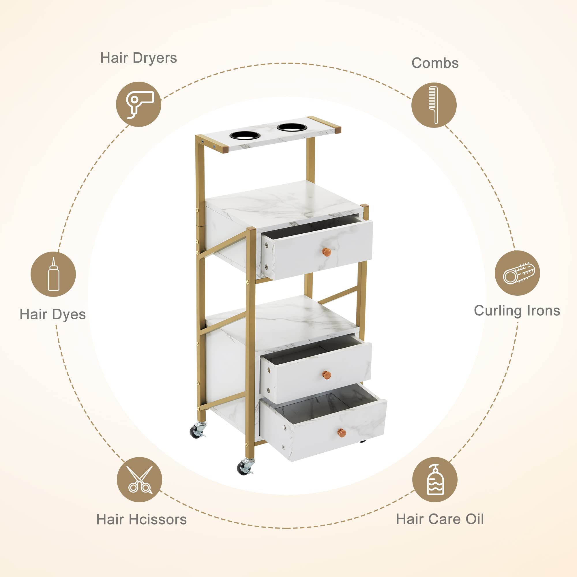 Professional Barber Salon Trolley Cart with Wheels - 3 Drawers Rolling Beauty Station with Marble Top & 2 Hair Dryer Holders - Mobile Makeup Storage Organizer for Salon, Barber Shop & Home Use (White)