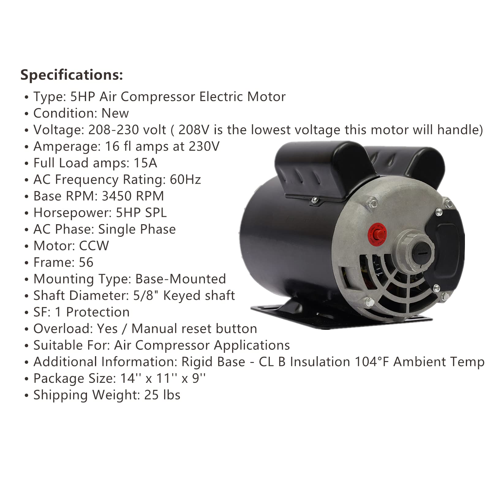 5HP SPL Air Compressor Motor 208-230V Single Phase Electric Motor - 3450 RPM, 56 Frame, 5/8