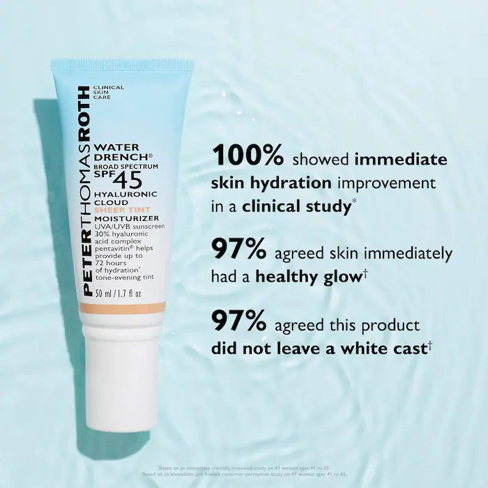 Peter Thomas Roth Water Drench Hyaluronic Cloud Sheer Tinted Sunscreen SPF 45 - Hydrating Color-Infused Face Sunscreen with Hyaluronic Acid | Perfect for Daily Wear, Beach Days & Outdoor Activities