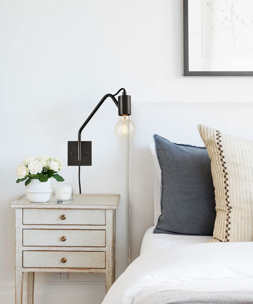 DAYCENT Farmhouse Plug-in Wall Sconces Set of 2 - Black Swing Arm Wall Lights with On/Off Switch - Rustic Wall Lighting Fixtures for Bedroom, Living Room, Hallway & Dining Room - Perfect for Reading Nook and Cozy Home Decor
