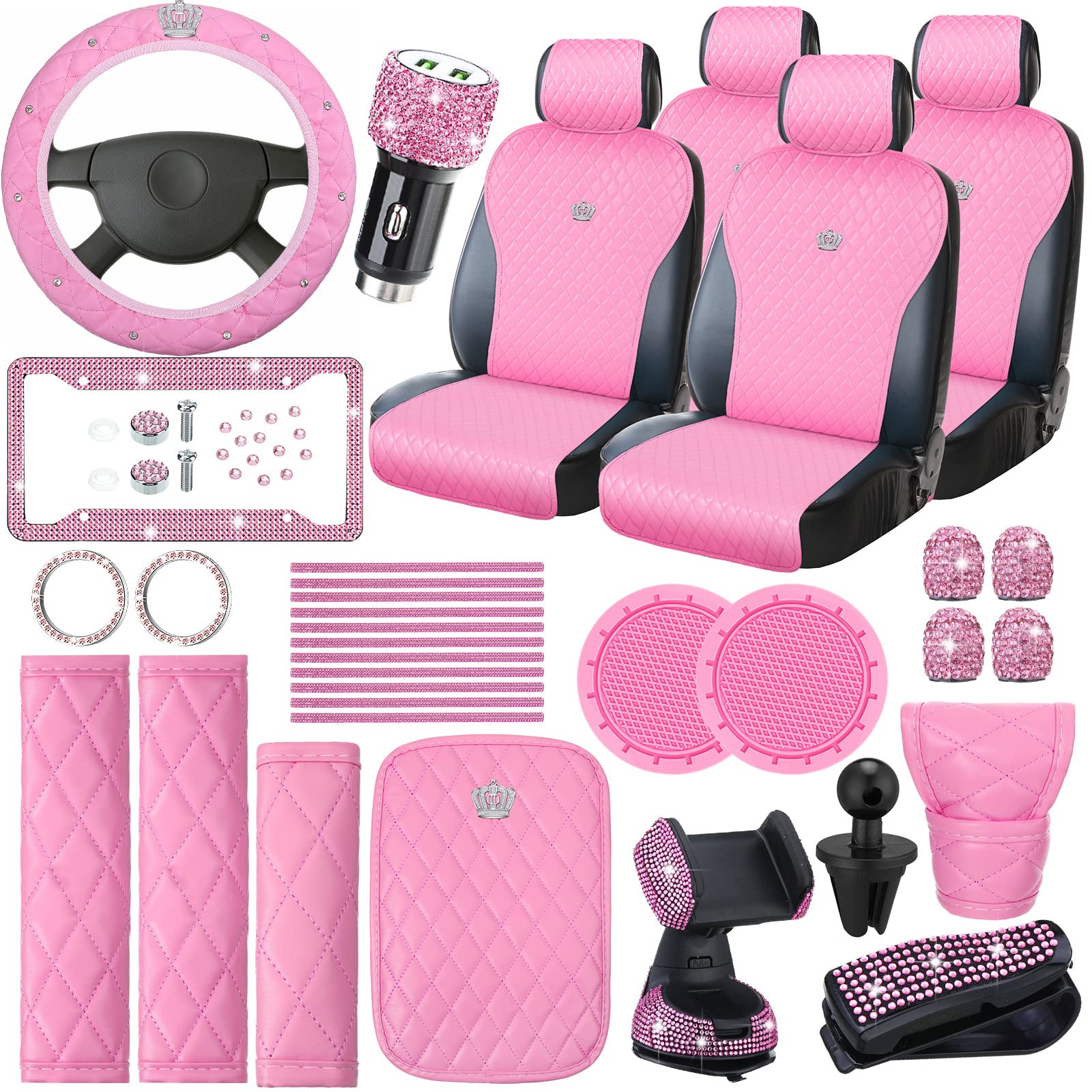 38PCS Pink Rhinestone Car Accessories Set - Seat Covers, Steering Wheel Cover, Handbrake Cover, Seat Belt Covers, Phone Holder & Glasses Holder for Women - Luxury Bling Car Interior Decor for Sedan, SUV, Coupe